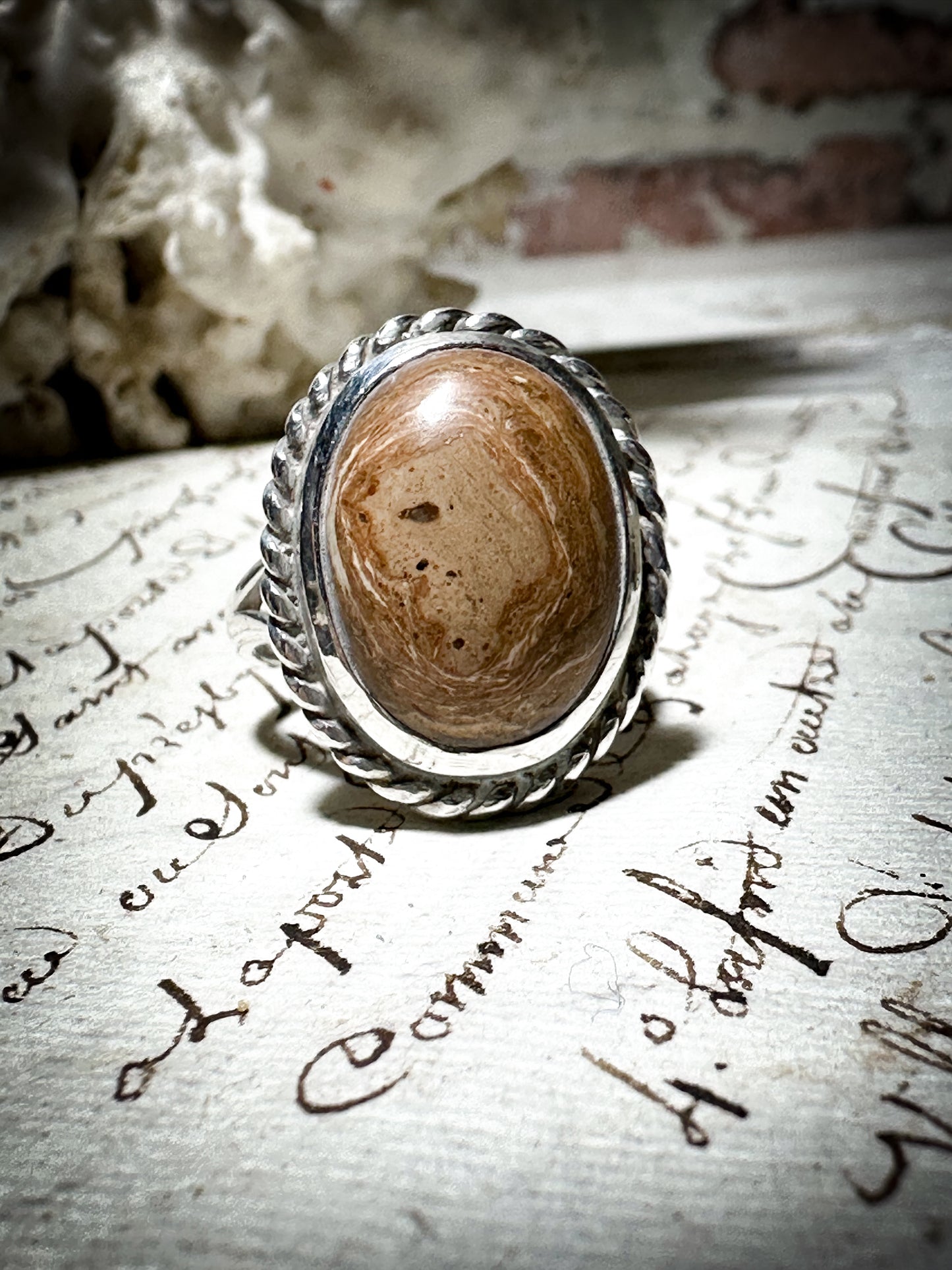 Vintage Hallmarked Silver Oval Moss Agate Ring