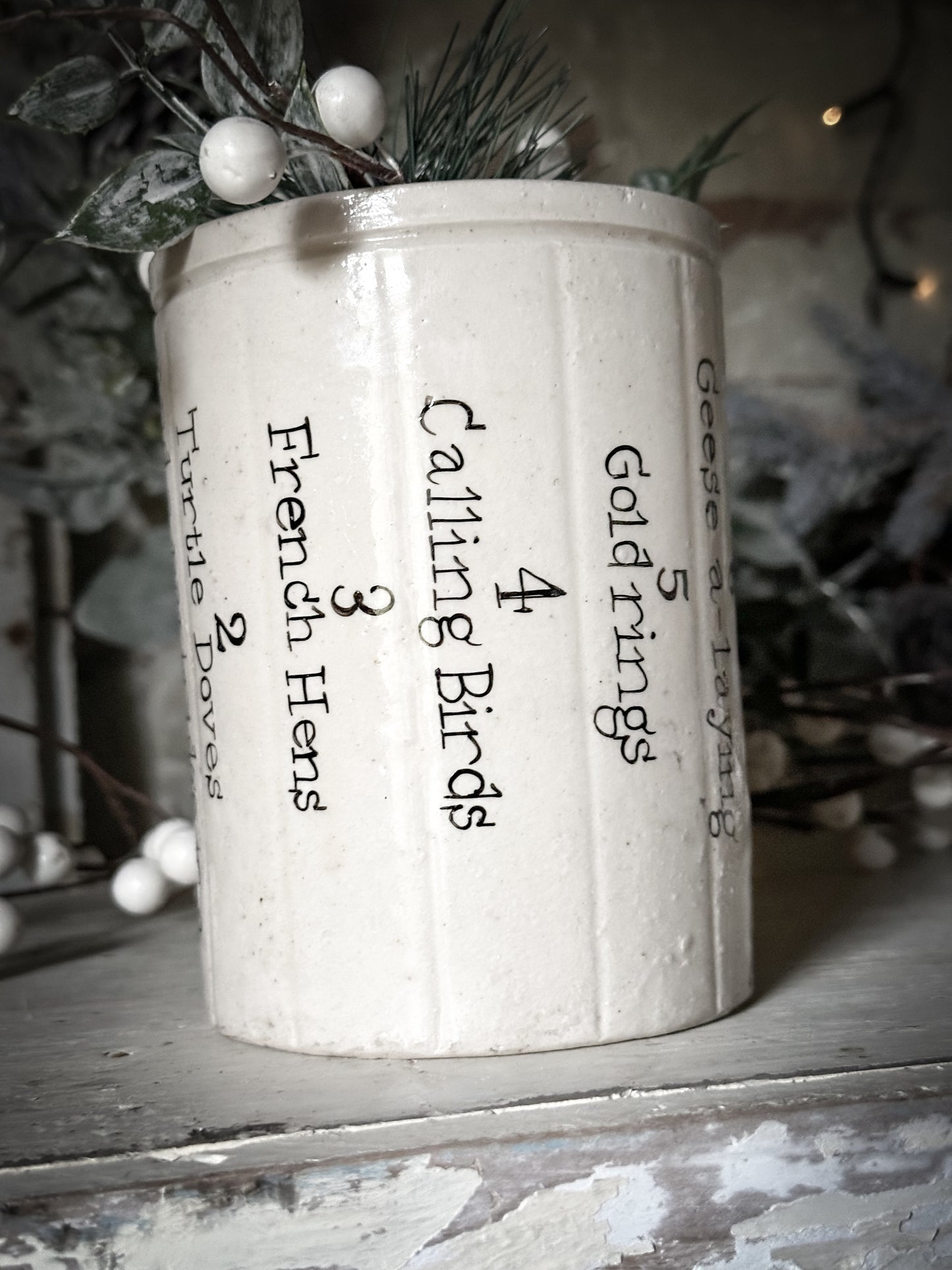A tall Victorian unearthed stoneware pottery preserve jar with a hand painted quote