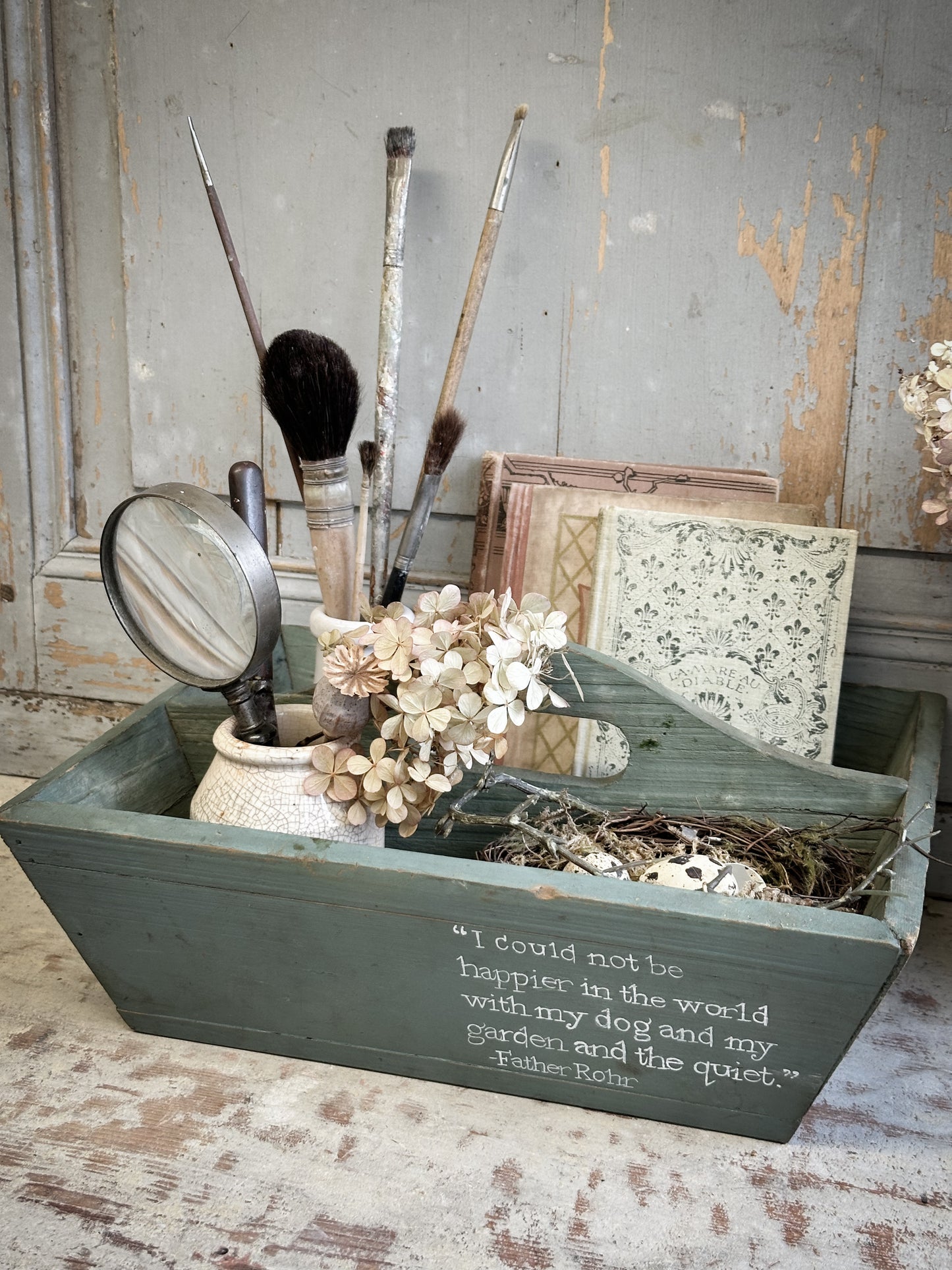 A Vintage Chippy Paint Wooden Trug With Garden Quote