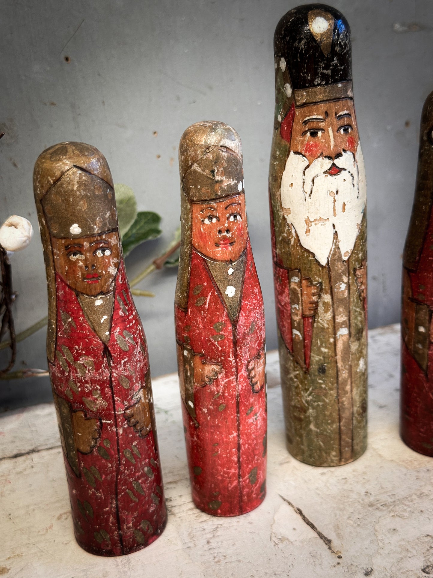 Exquisite Antique Hand-Carved Santa Figures – Set of Six (c. 1920–1930, Ex-Bletchley Museum Collection)