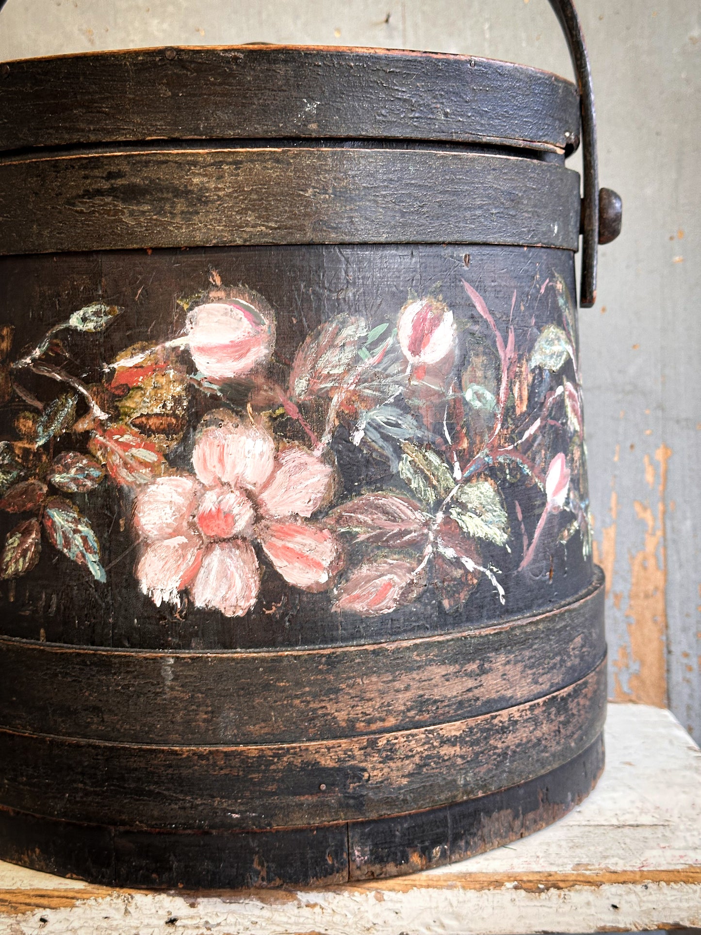 Antique Hand Painted Wooden Firkin Bucket (Scandi Folk Style)