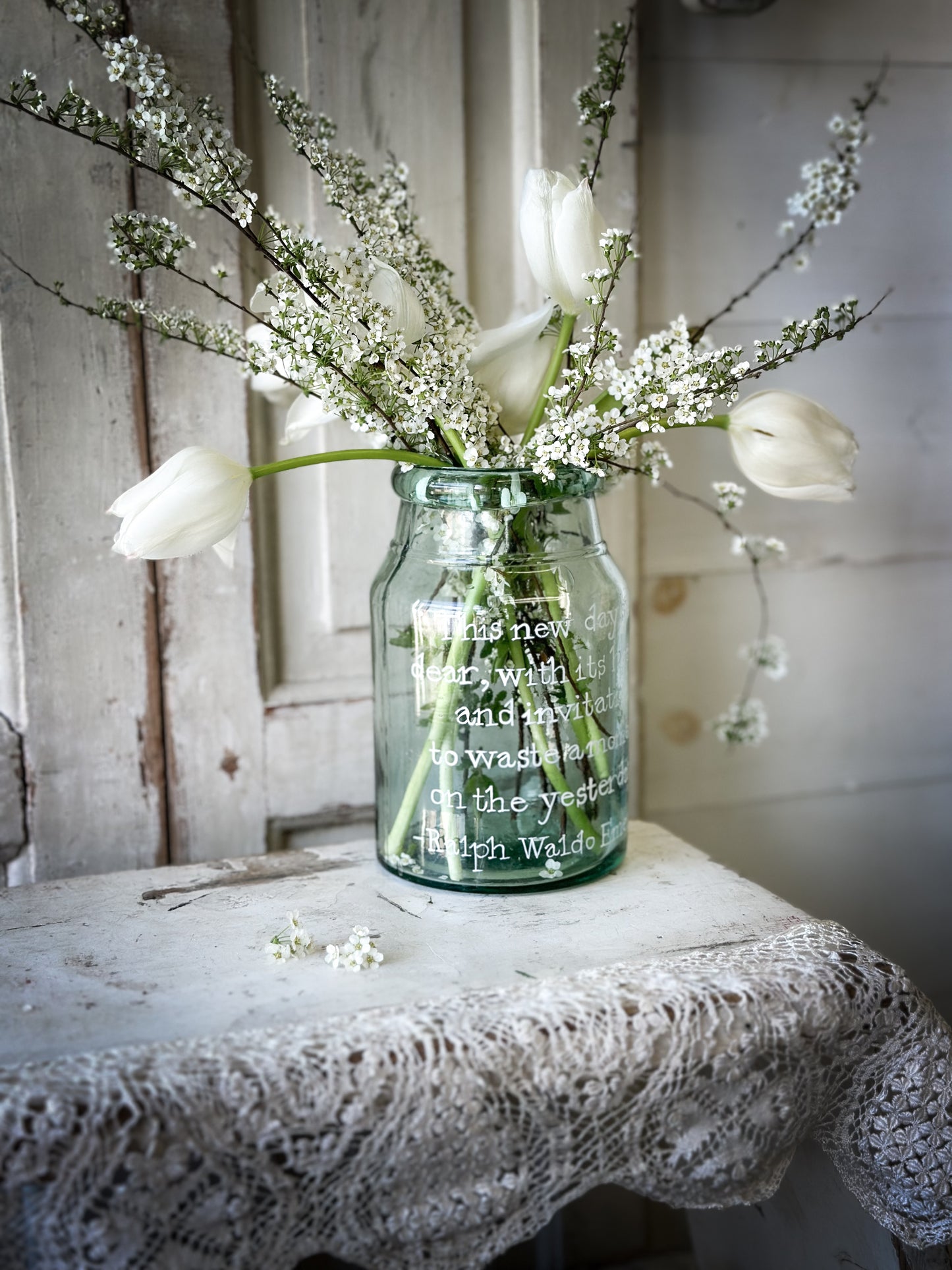 A beautiful large Victorian preserve jar painted with a quote “This new day”