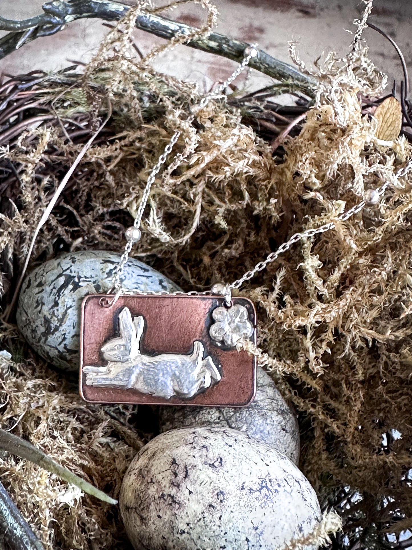 Meadow Rabbit Pendant – Silver & Etched Copper Necklace