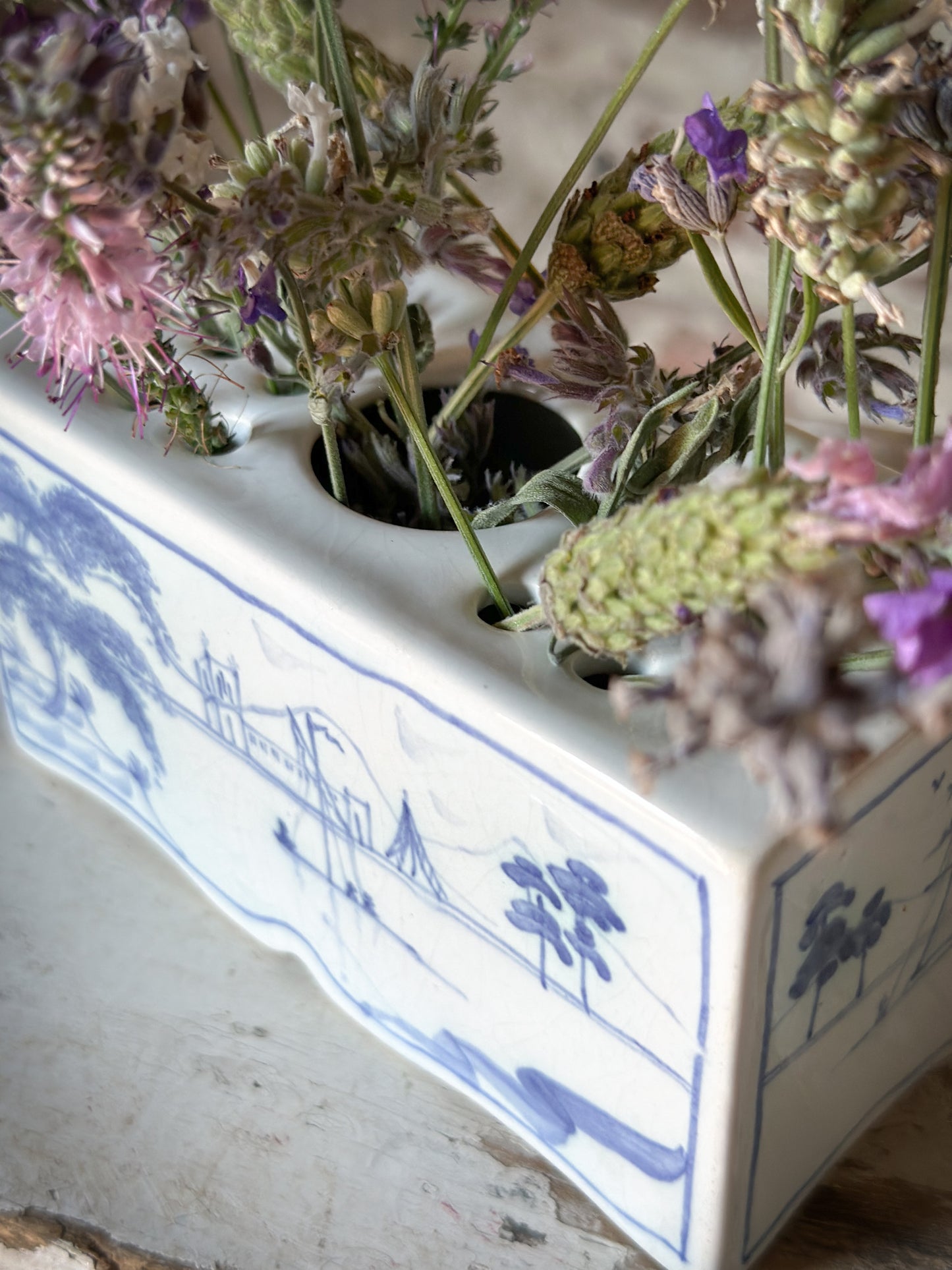 A beautiful Isis by Deborah seers Oxford, blue and white flower brick, tulipiere, flower frog, blue and white tin glaze vase