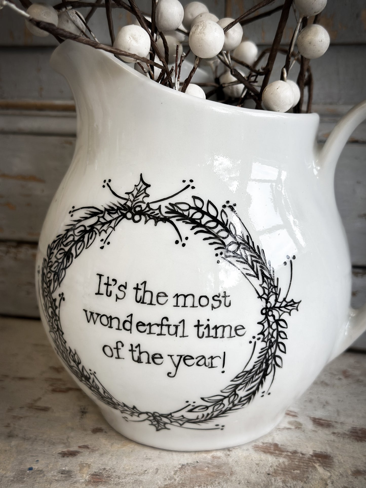 A beautiful Vintage Ironstone jug with a Christmas hand painted quote
