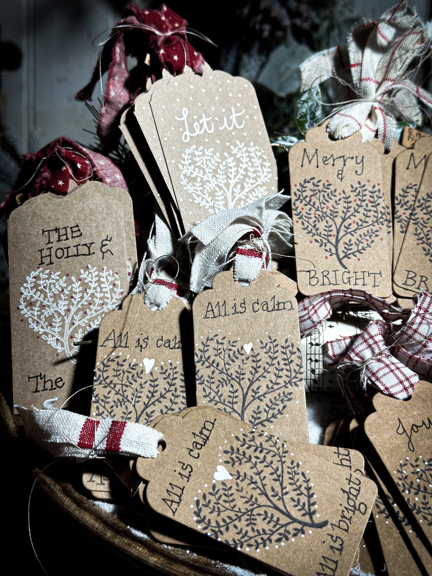 Pretty hand finished and illustrated gift tags with vintage French Fabric ties “Let it Snow”