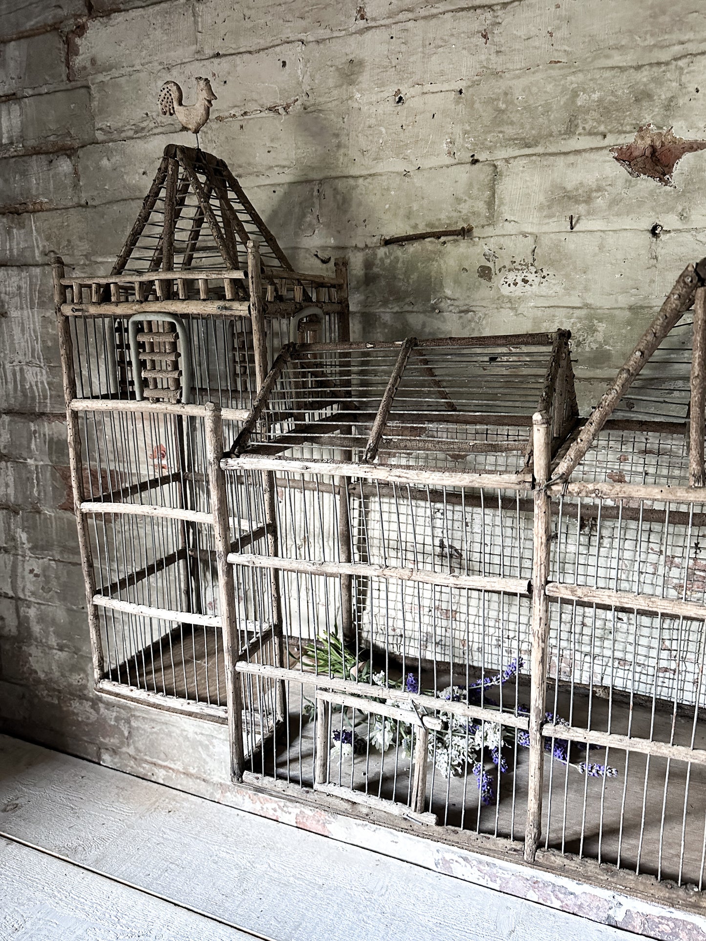 A French Primitive scratch built Bird Palace, Bird cage in the style of a Chateau