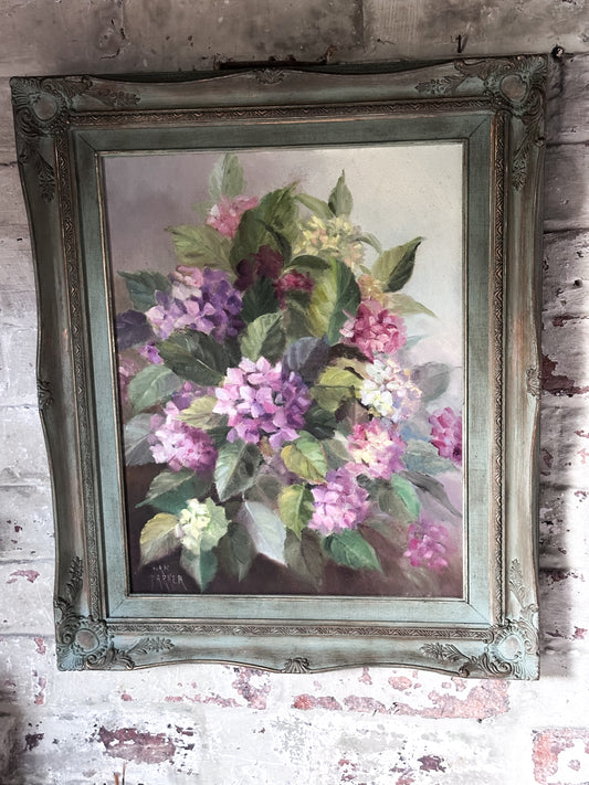 Vintage Hydrangea Oil Painting with Decorative Frame, Signed Nan Parker