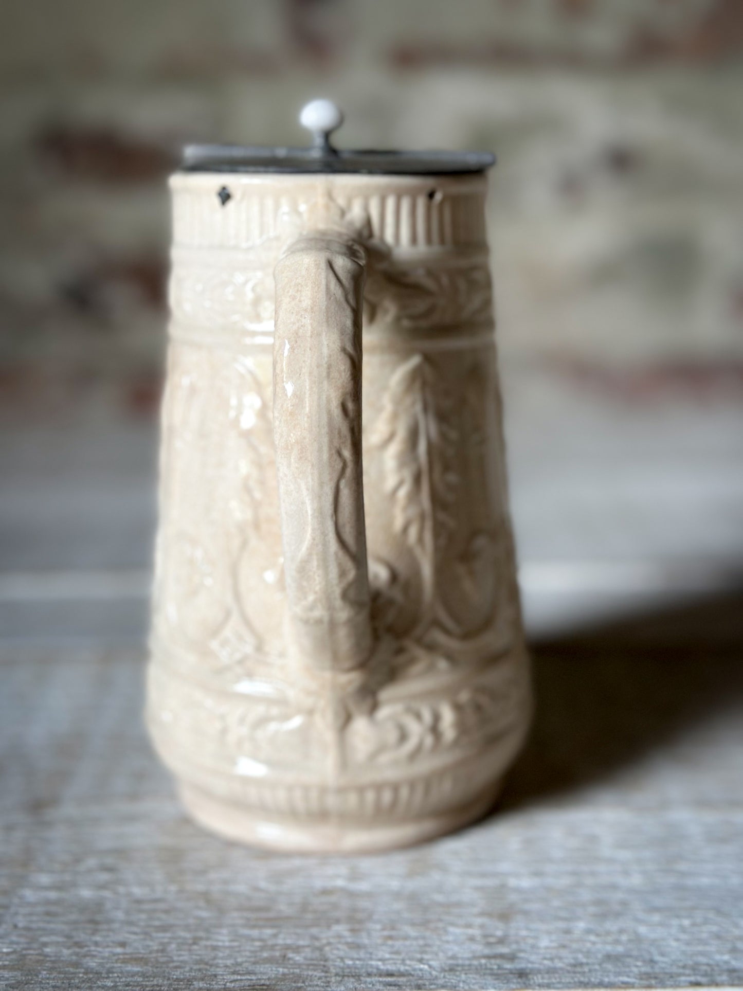 Antique Victorian Creamware Jug with Original Self-Closing Pewter Patent Lid