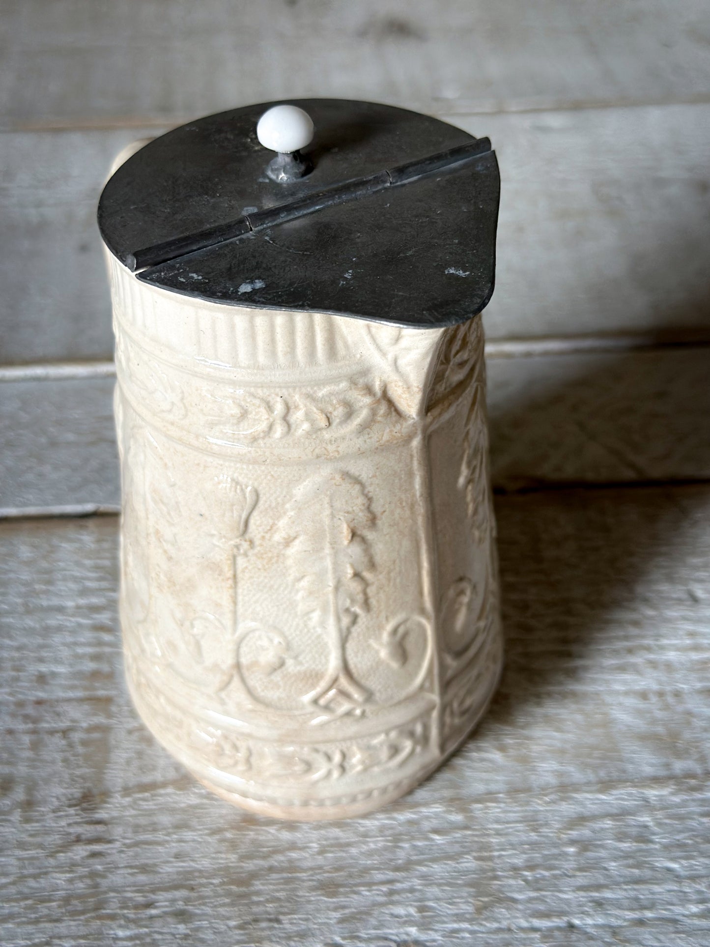 Antique Victorian Creamware Jug with Original Self-Closing Pewter Patent Lid
