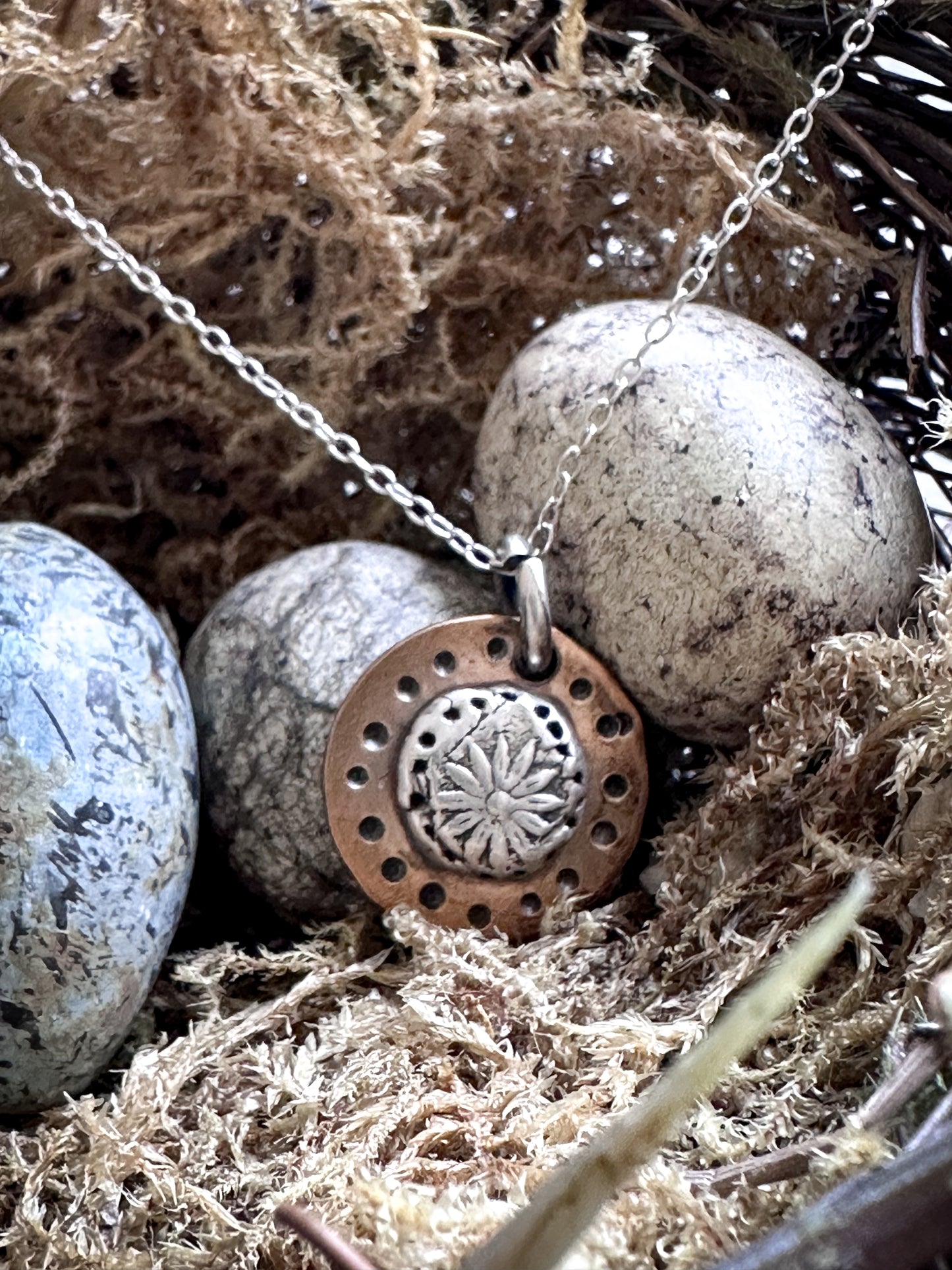 Moon Garden Medallion – Fine Silver Botanical Sprig on Hand-Stamped Copper