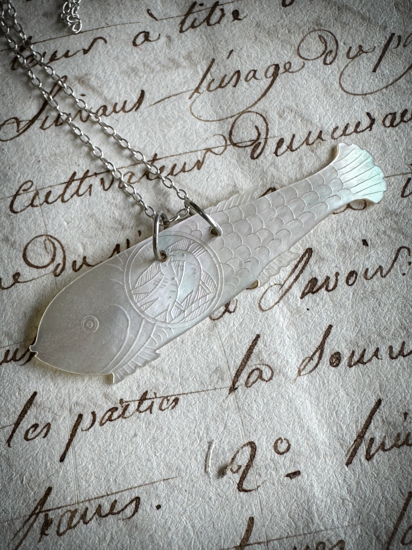 Found Object Mother of Pearl Fish Necklace by Jealous Moon Jewellery
