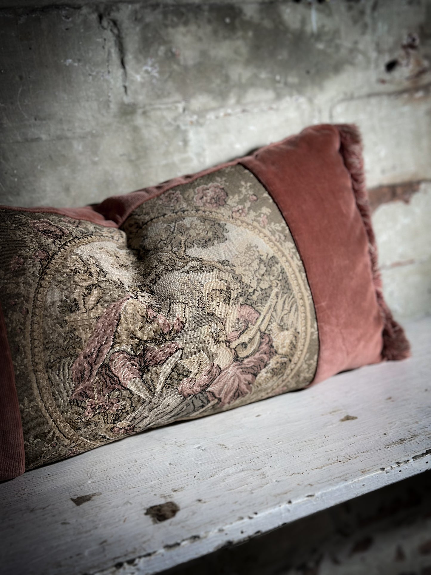 A Vintage Velvet Tapestry Fragonard Mini Bolster Cushion