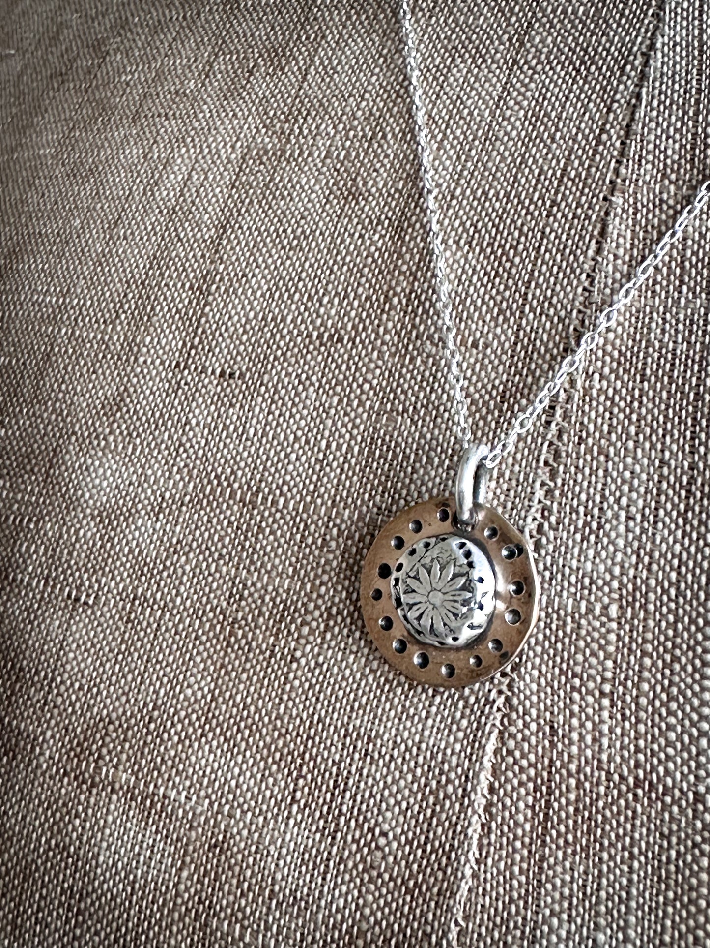 Moon Garden Medallion – Fine Silver Botanical Sprig on Hand-Stamped Copper