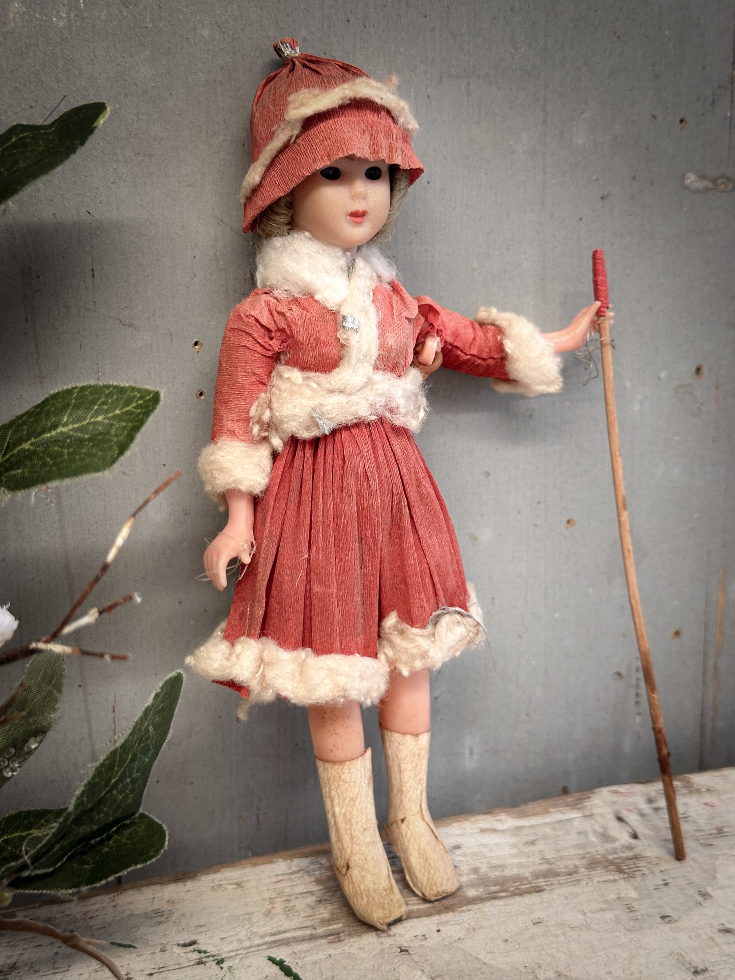 Mid-20th Century German Crepe-Paper Winter Girl Skier With oral provenance linking her to the Bletchley Museum collection