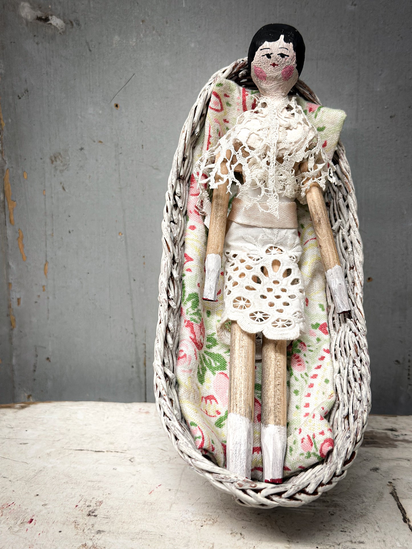 Antique Peg Doll / Grodnertal Doll with Wicker Crib