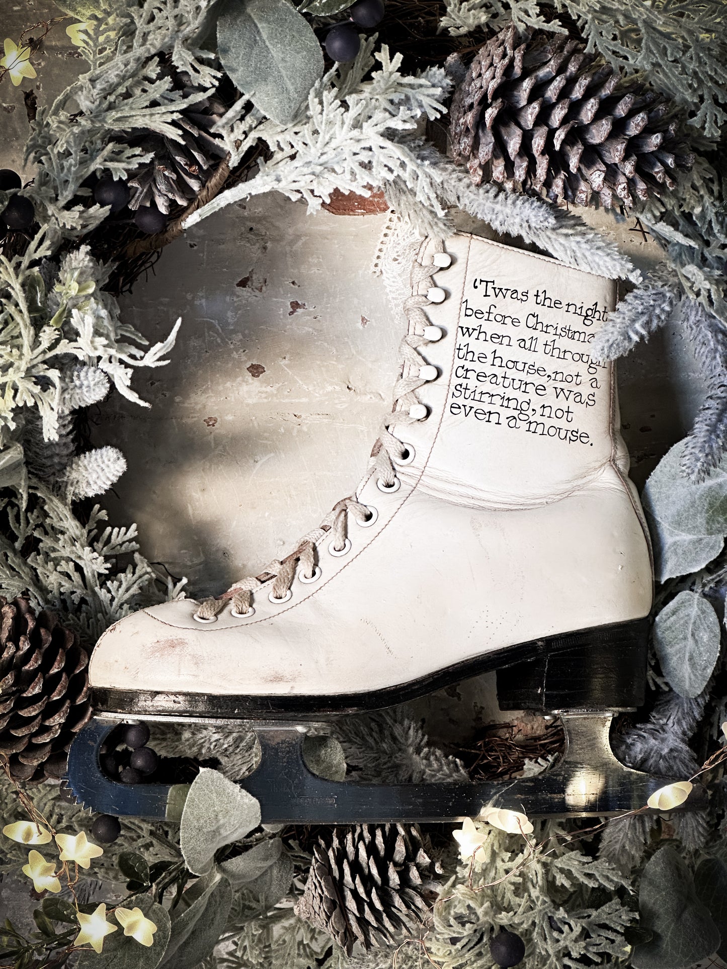 A beautiful vintage Christmas ice skate hand painted using traditional sign writer’s techniques and materials