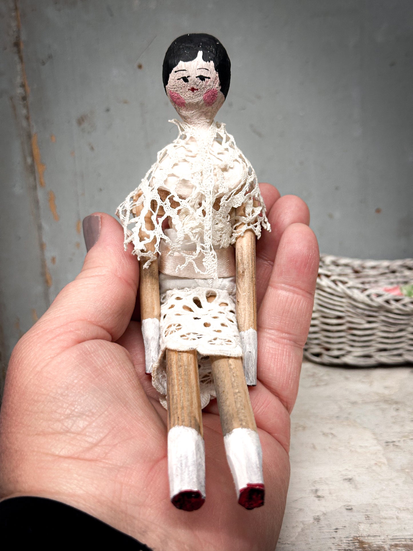 Antique Peg Doll / Grodnertal Doll with Wicker Crib