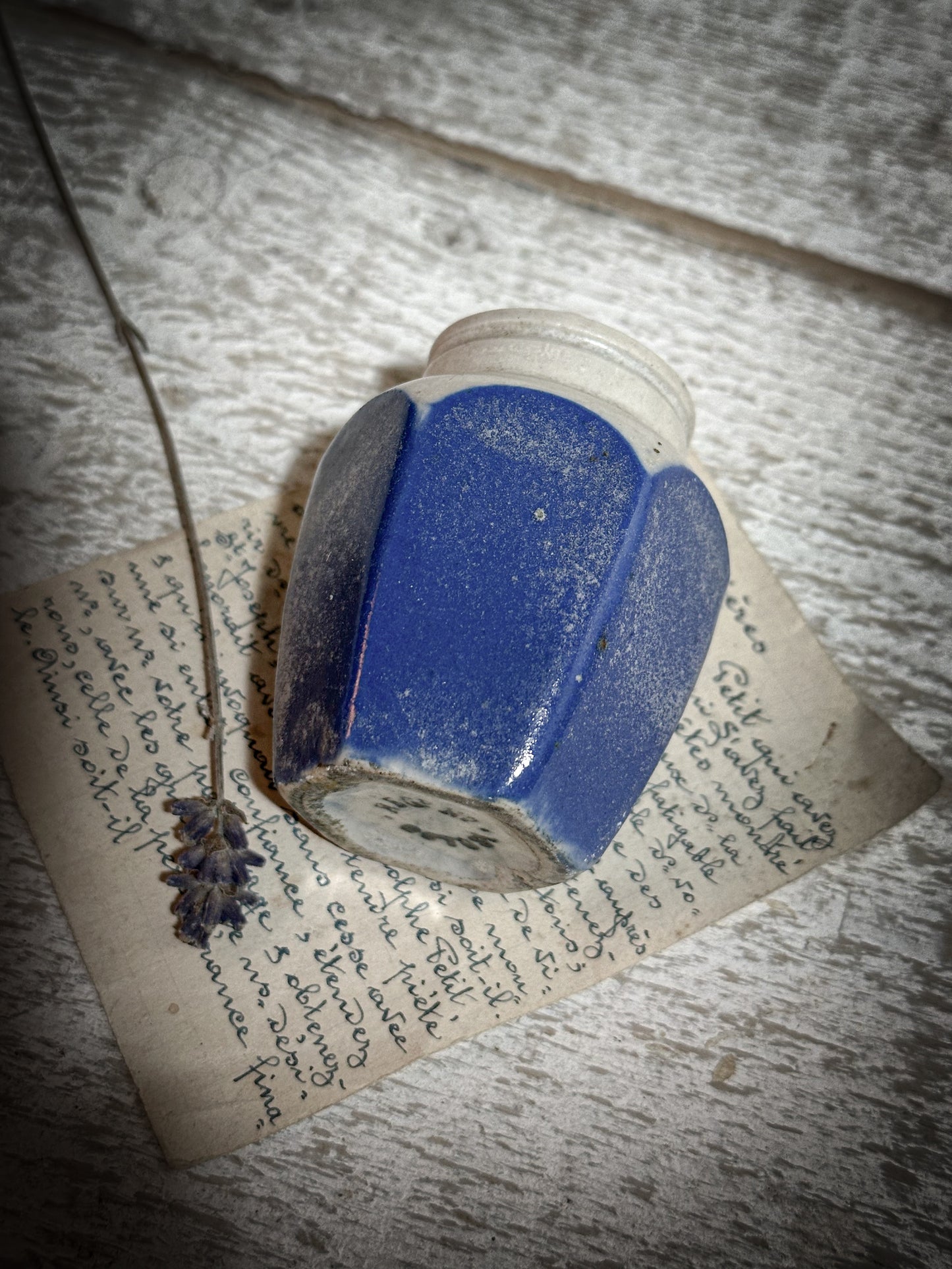 Antique Hexagonal Creamery Bottle with Blue Glaze