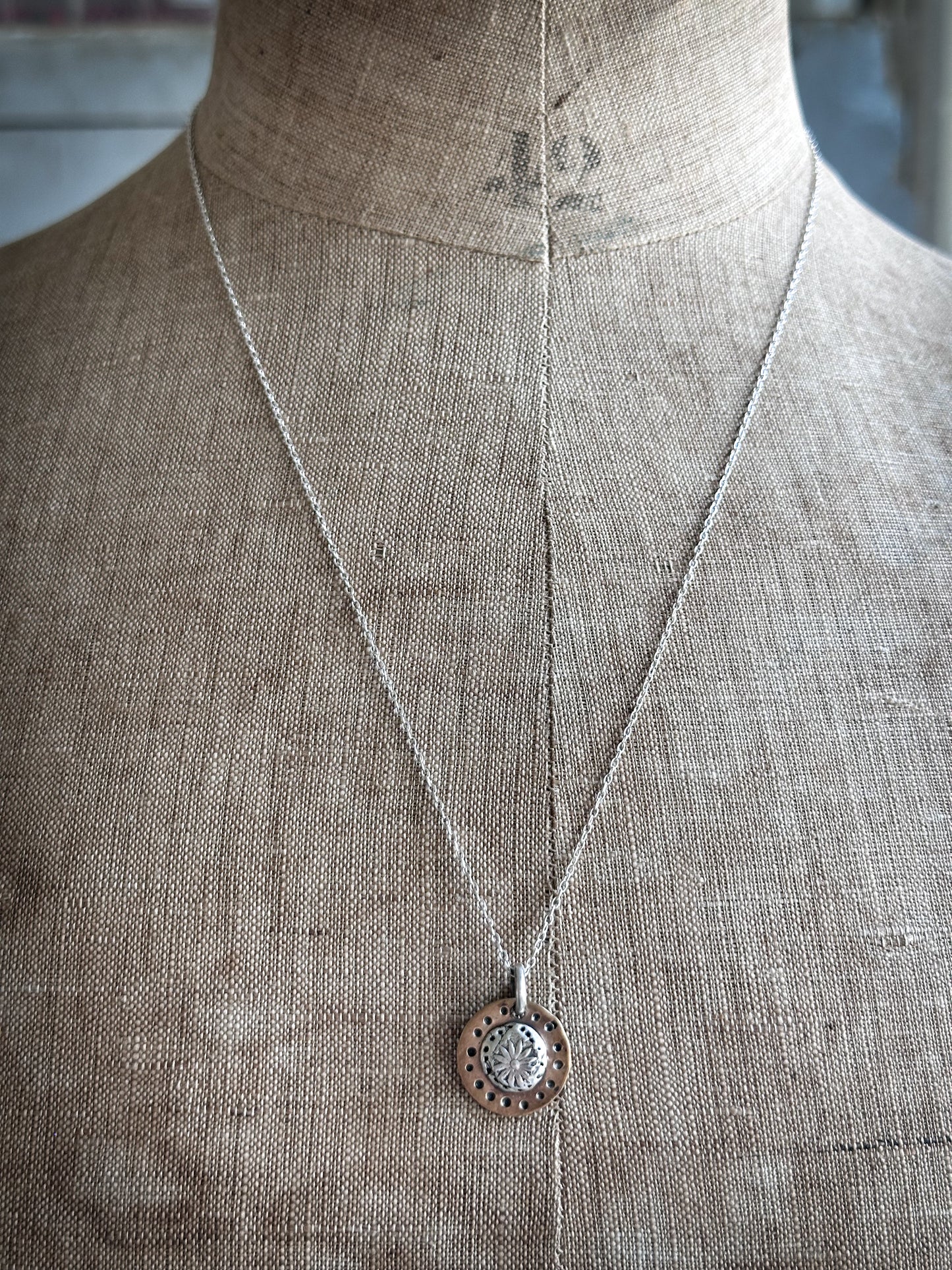 Moon Garden Medallion – Fine Silver Botanical Sprig on Hand-Stamped Copper