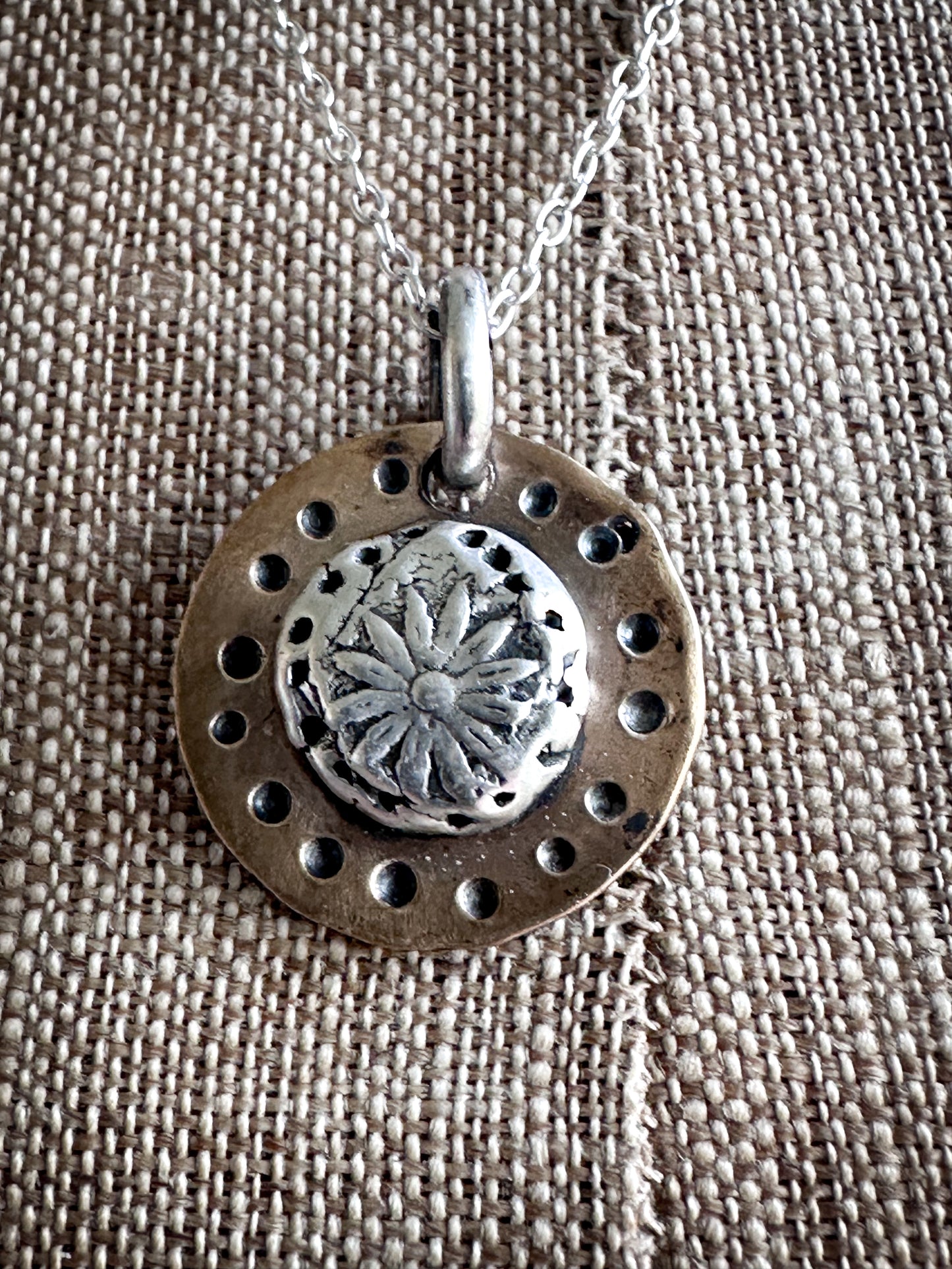 Moon Garden Medallion – Fine Silver Botanical Sprig on Hand-Stamped Copper