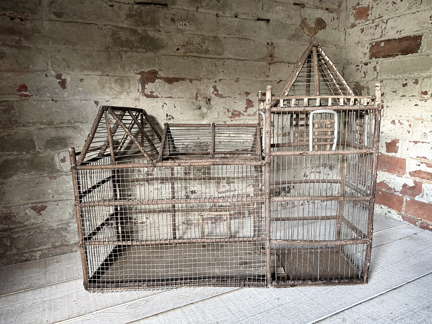 A French Primitive scratch built Bird Palace, Bird cage in the style of a Chateau