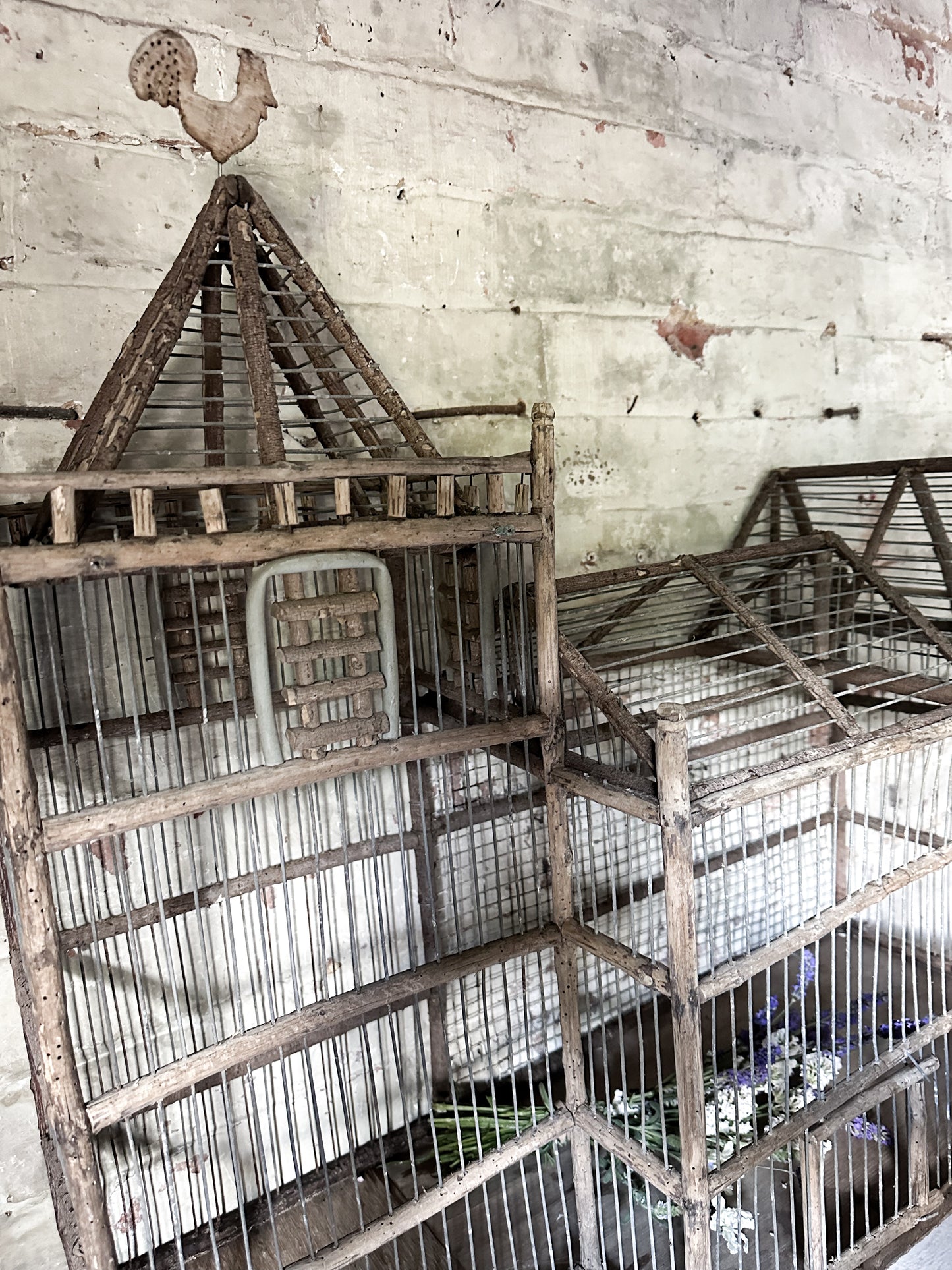 A French Primitive scratch built Bird Palace, Bird cage in the style of a Chateau