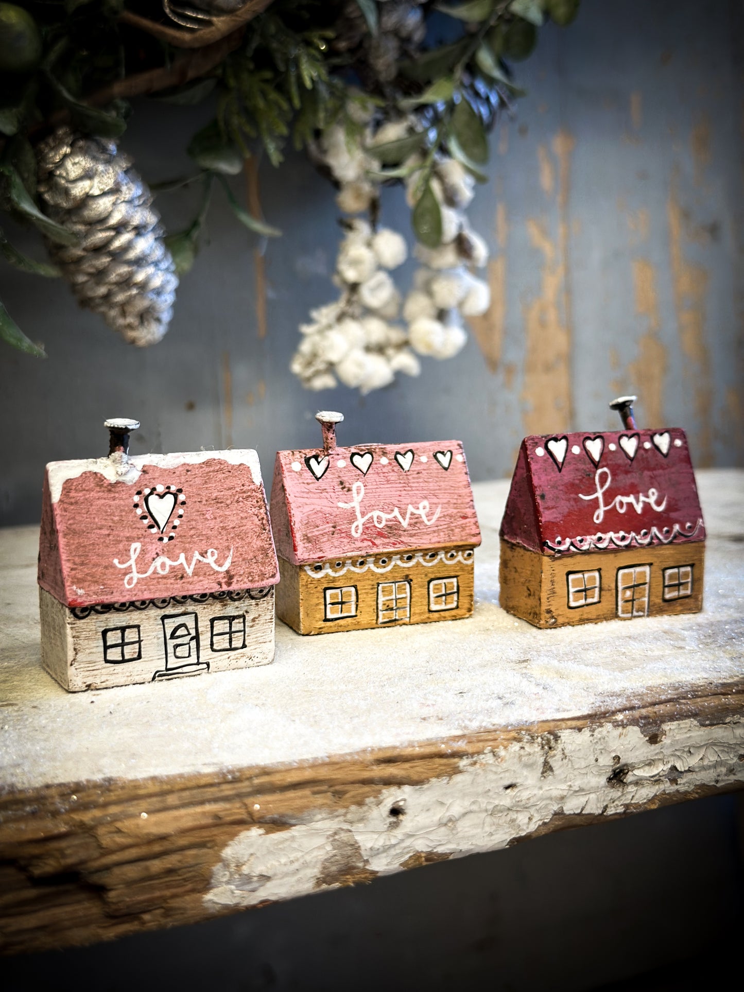 A Pretty Vintage German Erzgebirge Putz Wooden Village House “Love”