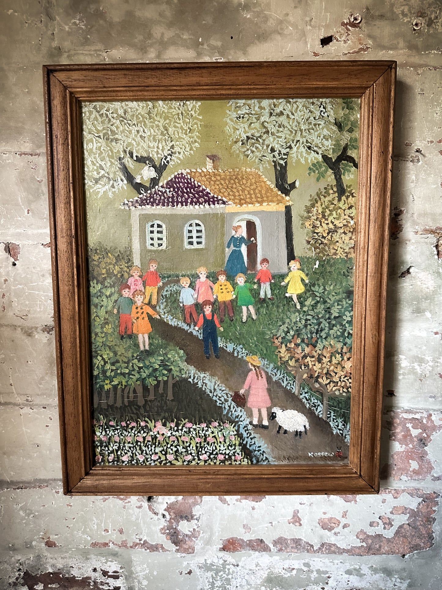 A Wonderful Vintage Naive Oil on Canvas Painting of a Nursery Rhyme “Mary Had a Little Lamb”