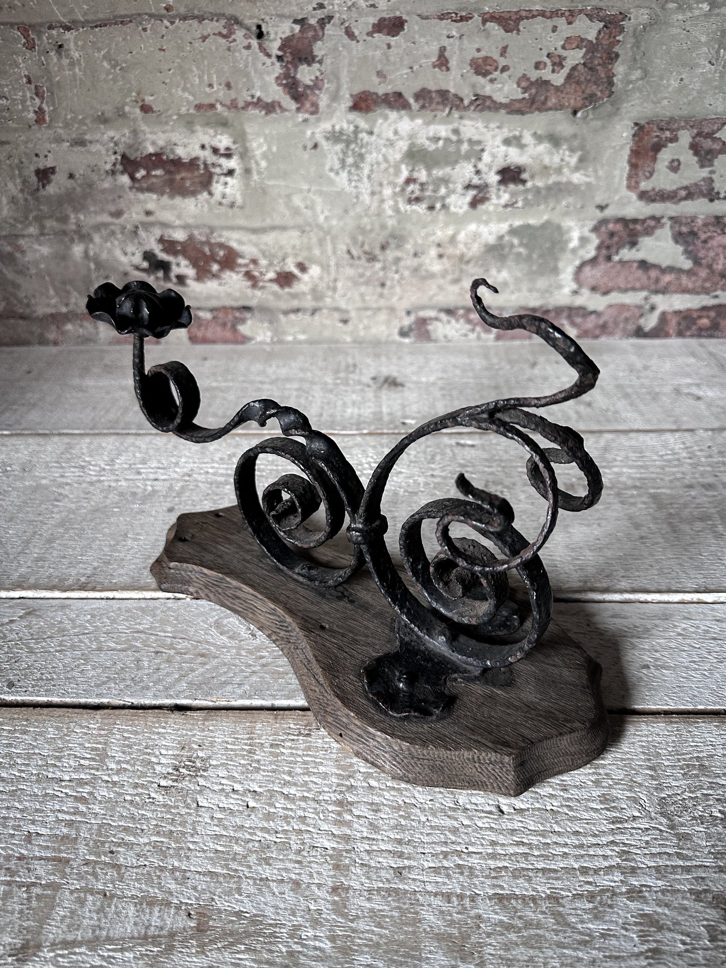 Antique Hand-Forged Wrought Iron Wall Bracket | Folk Art Scrollwork Hook on Wooden Backplate