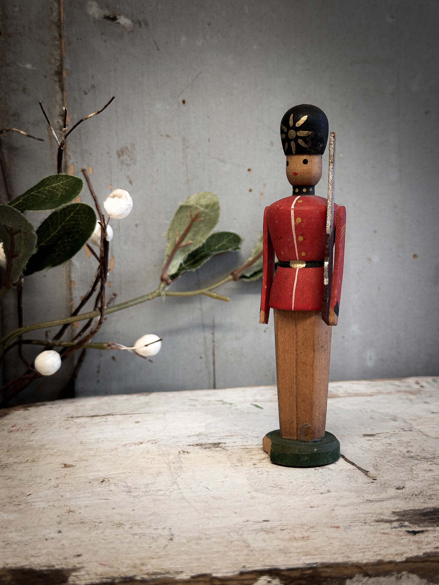 Mid-Century Hand-Painted Wooden British Guardsman (c. 1950s–1960s)