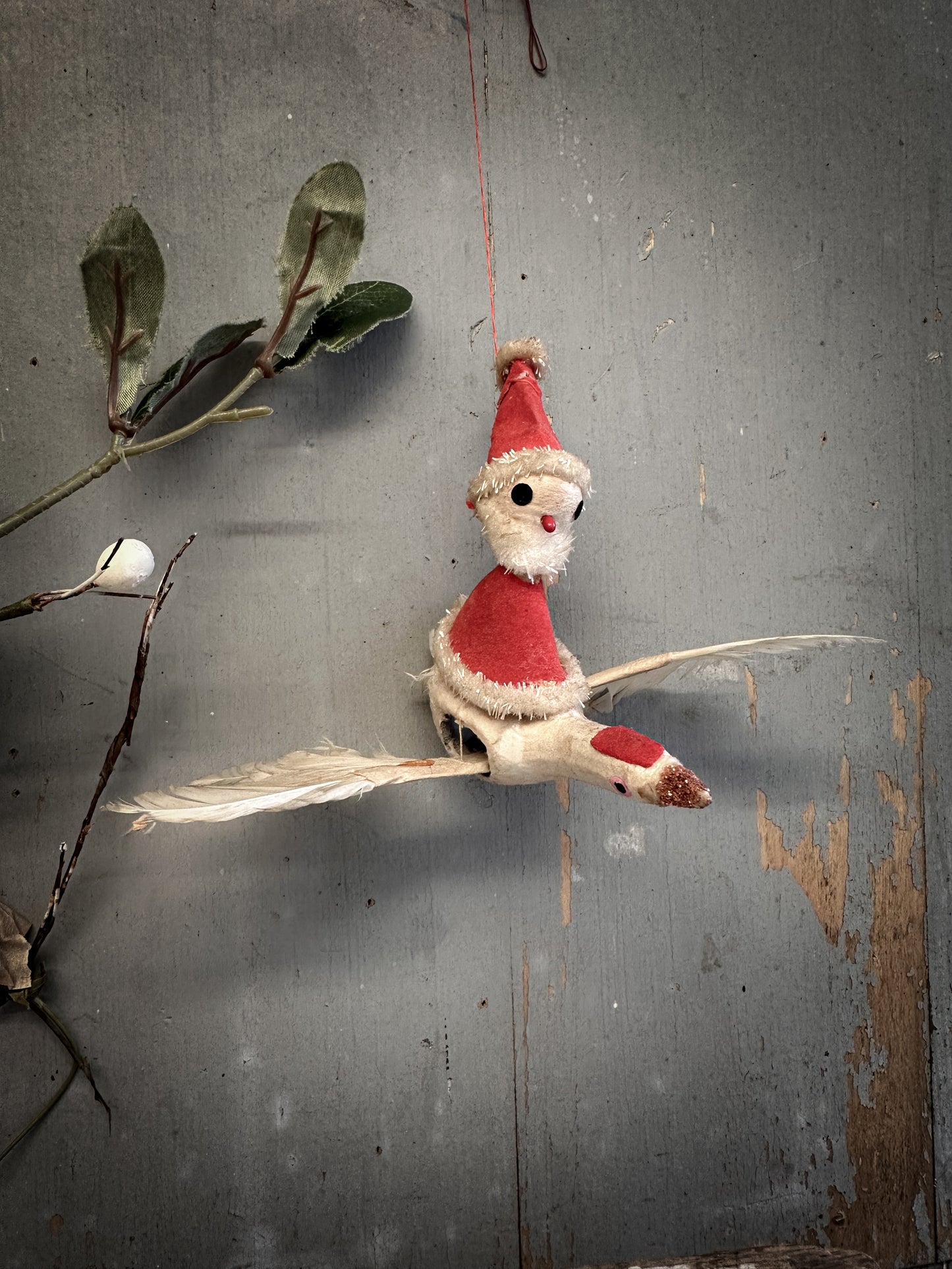 Mid-Century Japanese Flying Father Christmas Ornament – Spun Cotton & Feather Wings – c.1950s–60s