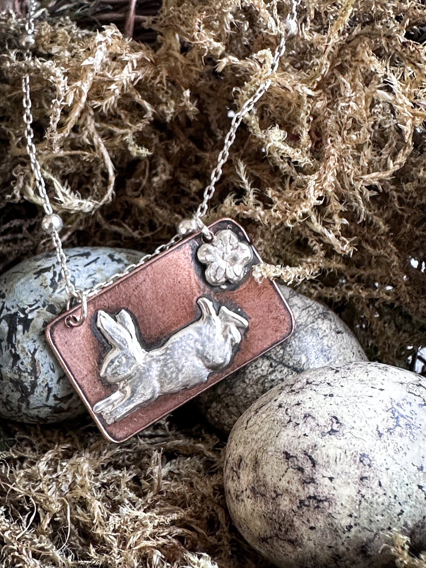 Meadow Rabbit Pendant – Silver & Etched Copper Necklace