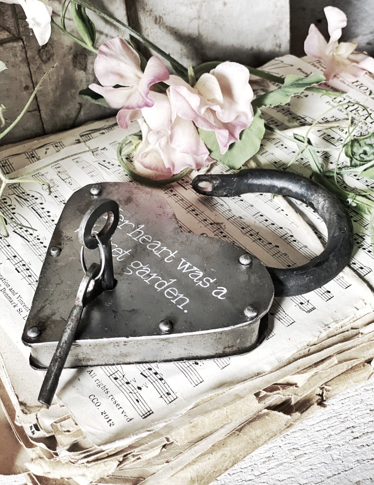 A beautiful hand painted rustic heart iron padlock with keys  "Her heart was a secret garden." A unique Valentine’s Day gift