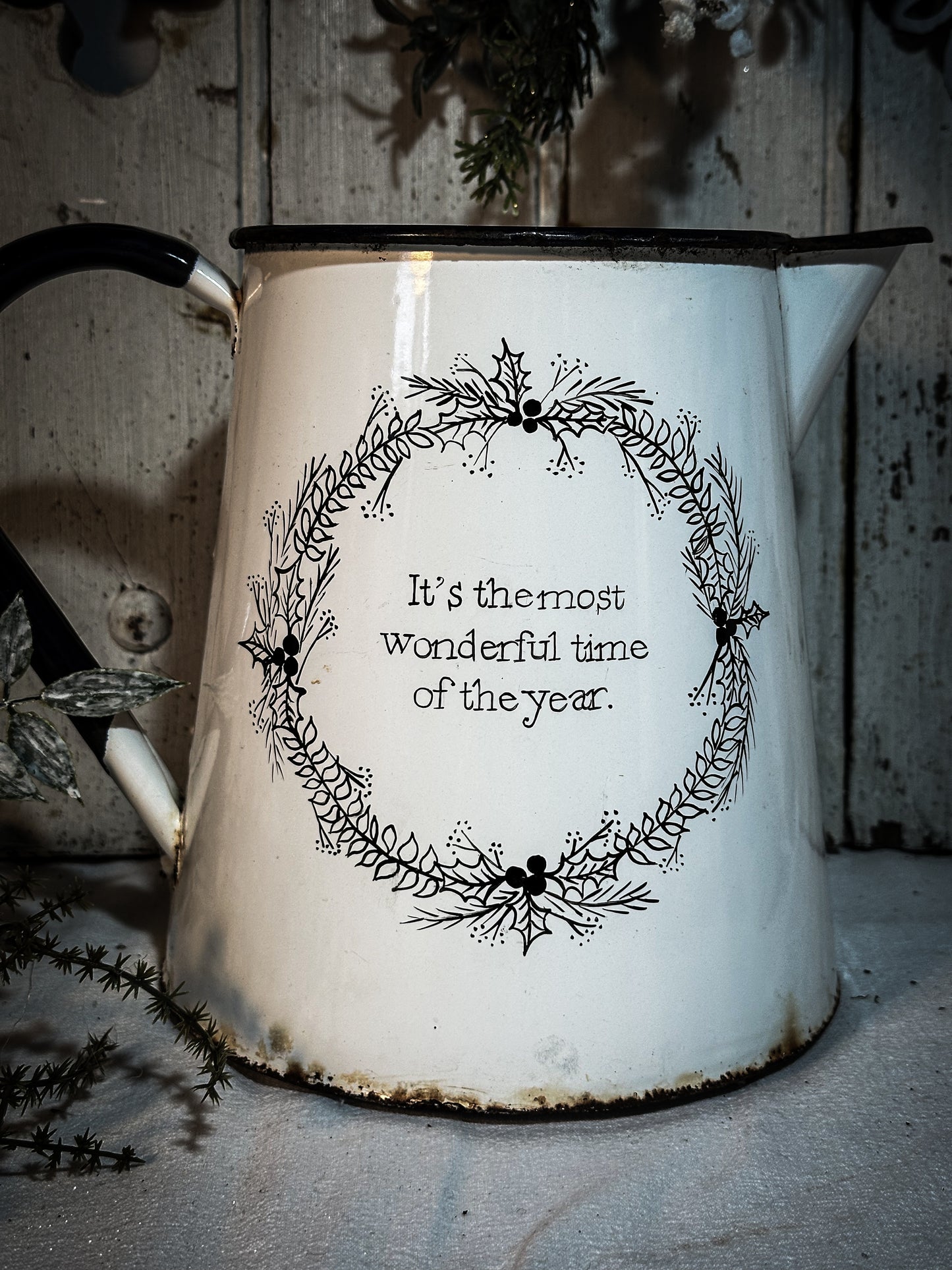 A hand painted quote on a beautiful Vintage white enamelware jug