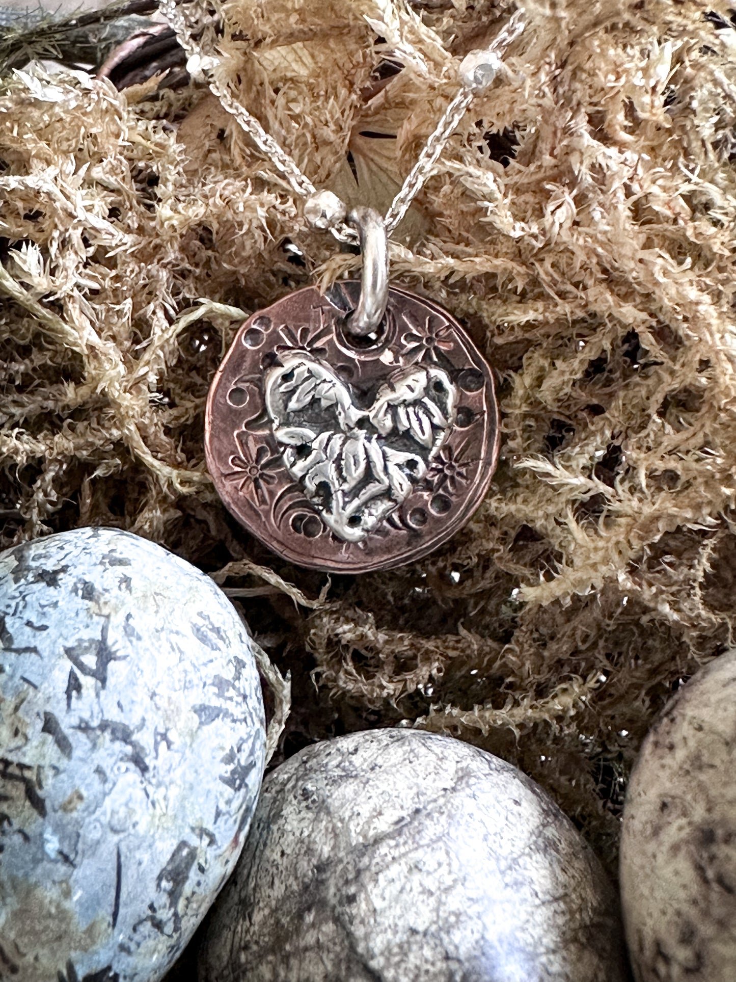 Moon Garden Heart Necklace – Fine Silver Wedgwood Sprig on Star-Stamped Copper
