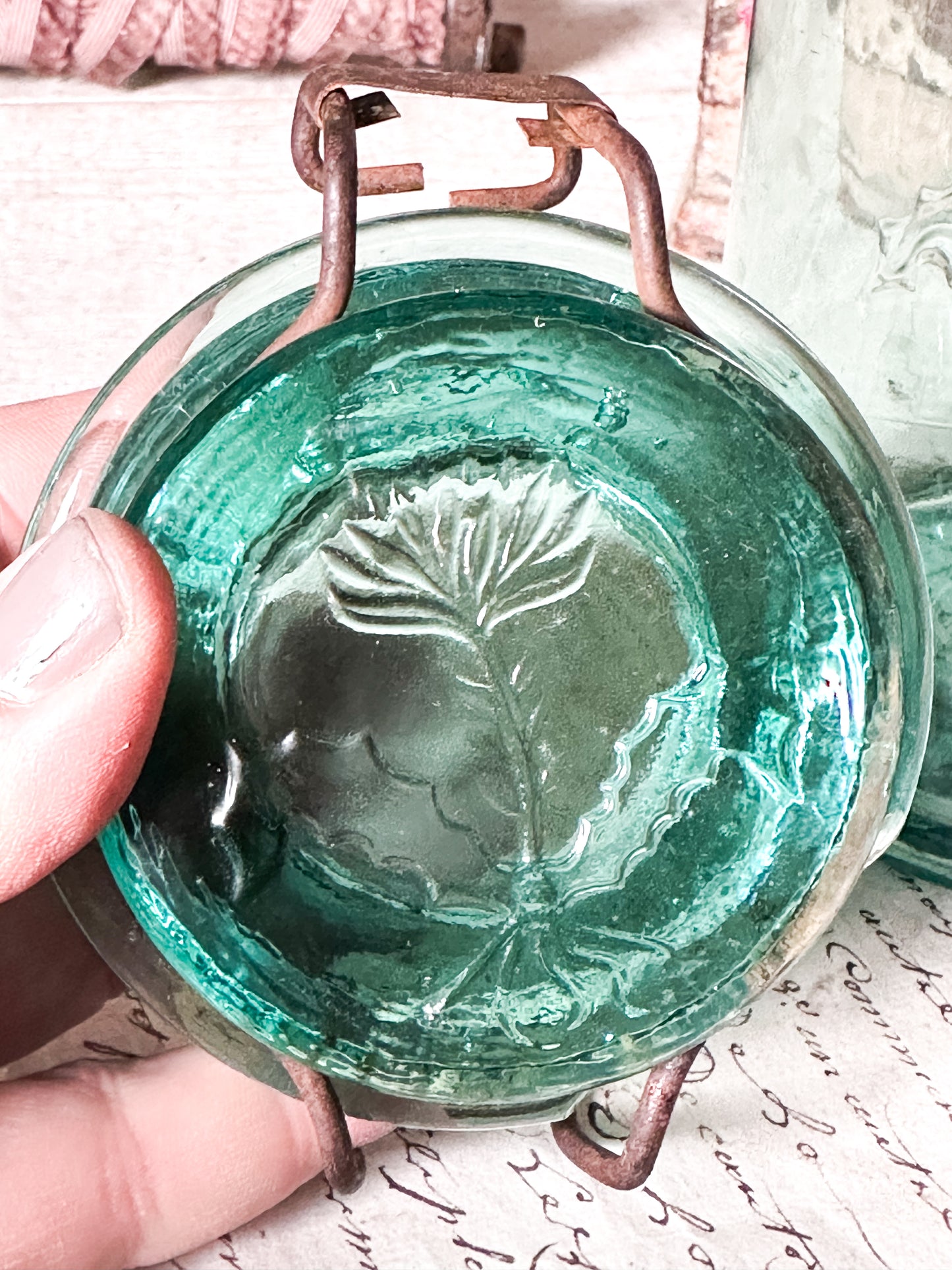 Vintage French Glass Jar – “La Lorraine” Aqua Storage Jar with Lid