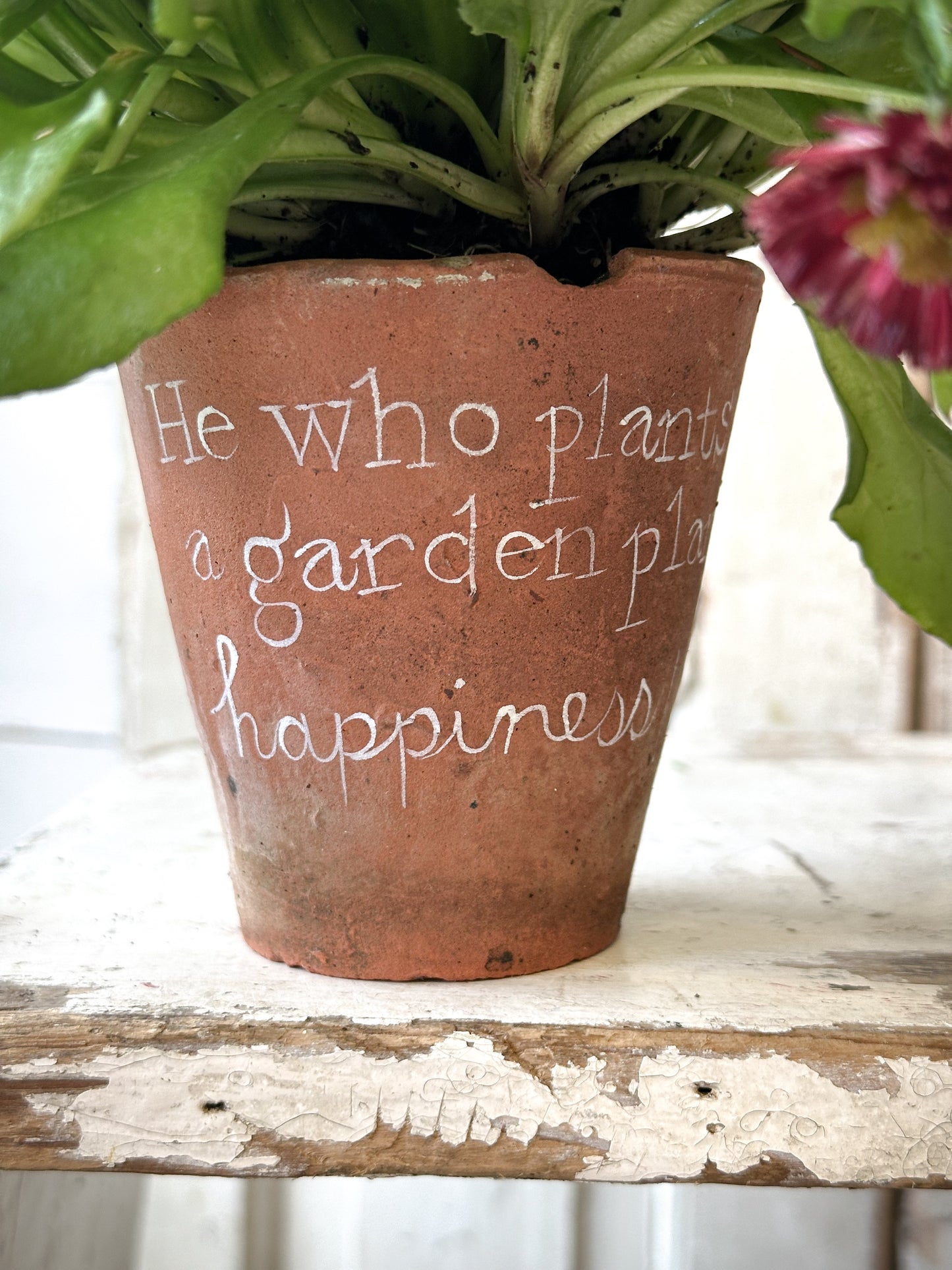 A Victorian terracotta pot with a quote “He who plants a garden”