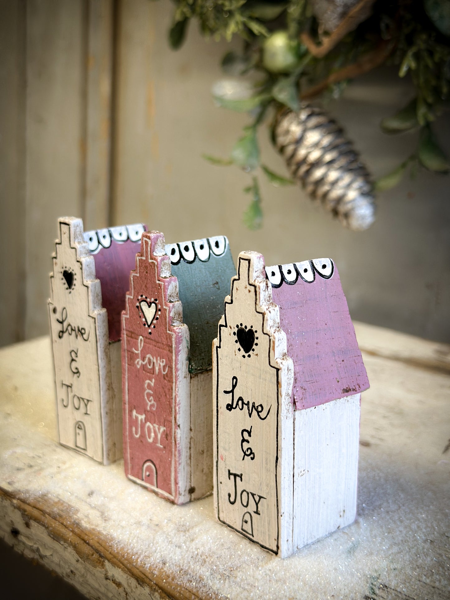 A Pretty Vintage German Erzgebirge Putz Wooden Village House “Love & Joy” White