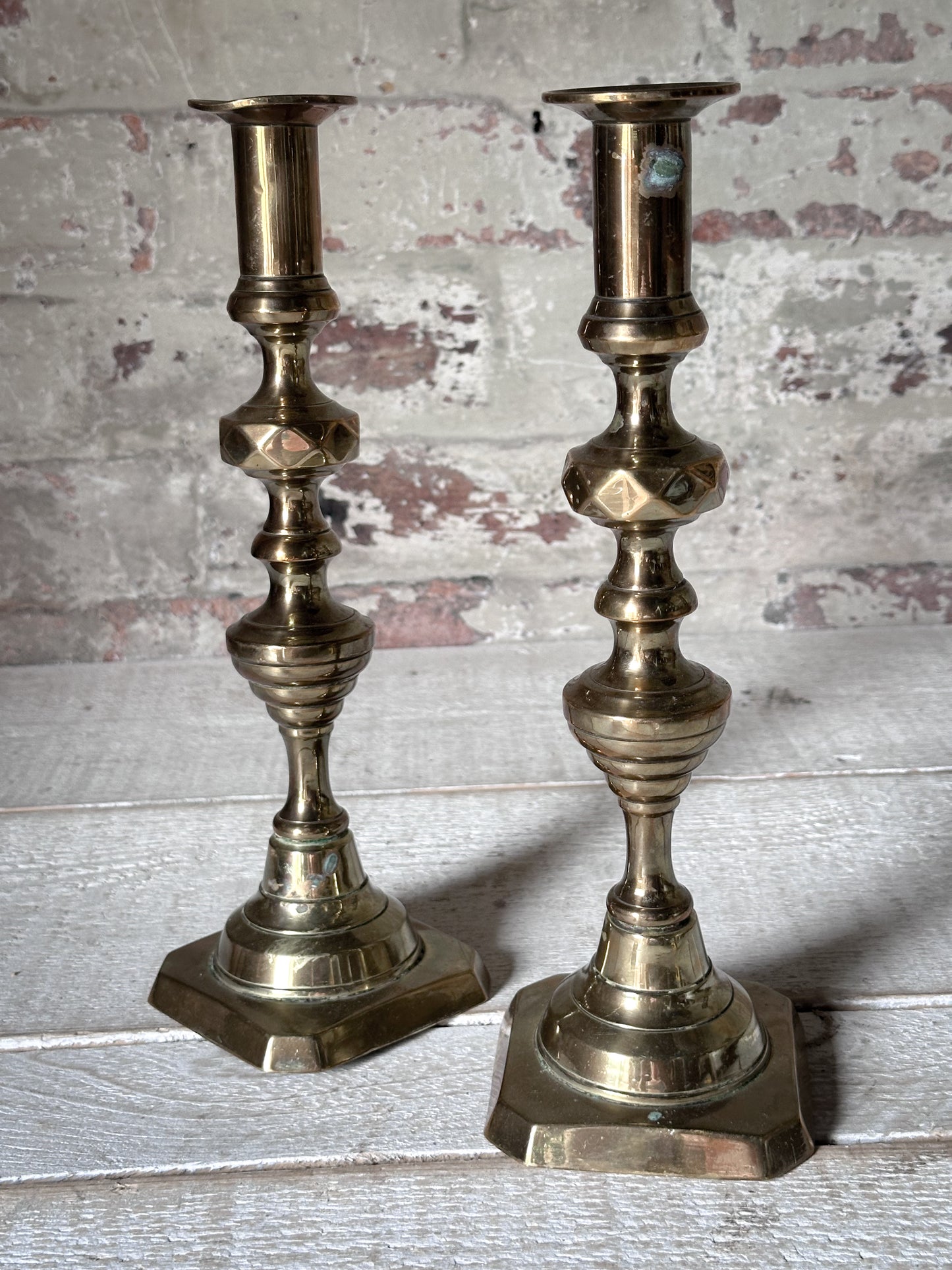 Pair of Antique Brass Push-Up Candlesticks | Victorian Edwardian Ejector Candlesticks | 30cm Tall