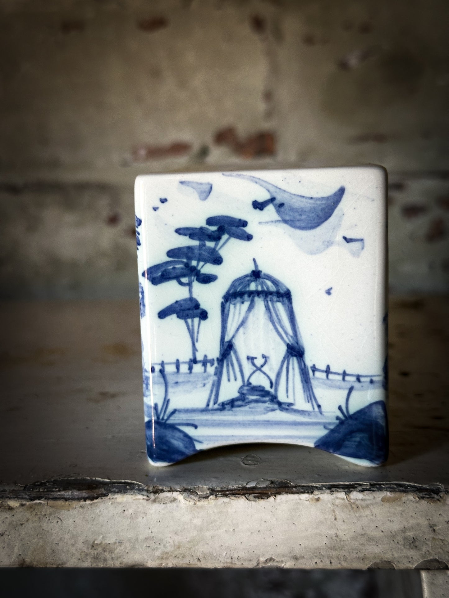 A beautiful Isis by Deborah seers Oxford, blue and white flower brick, tulipiere, flower frog, blue and white tin glaze vase