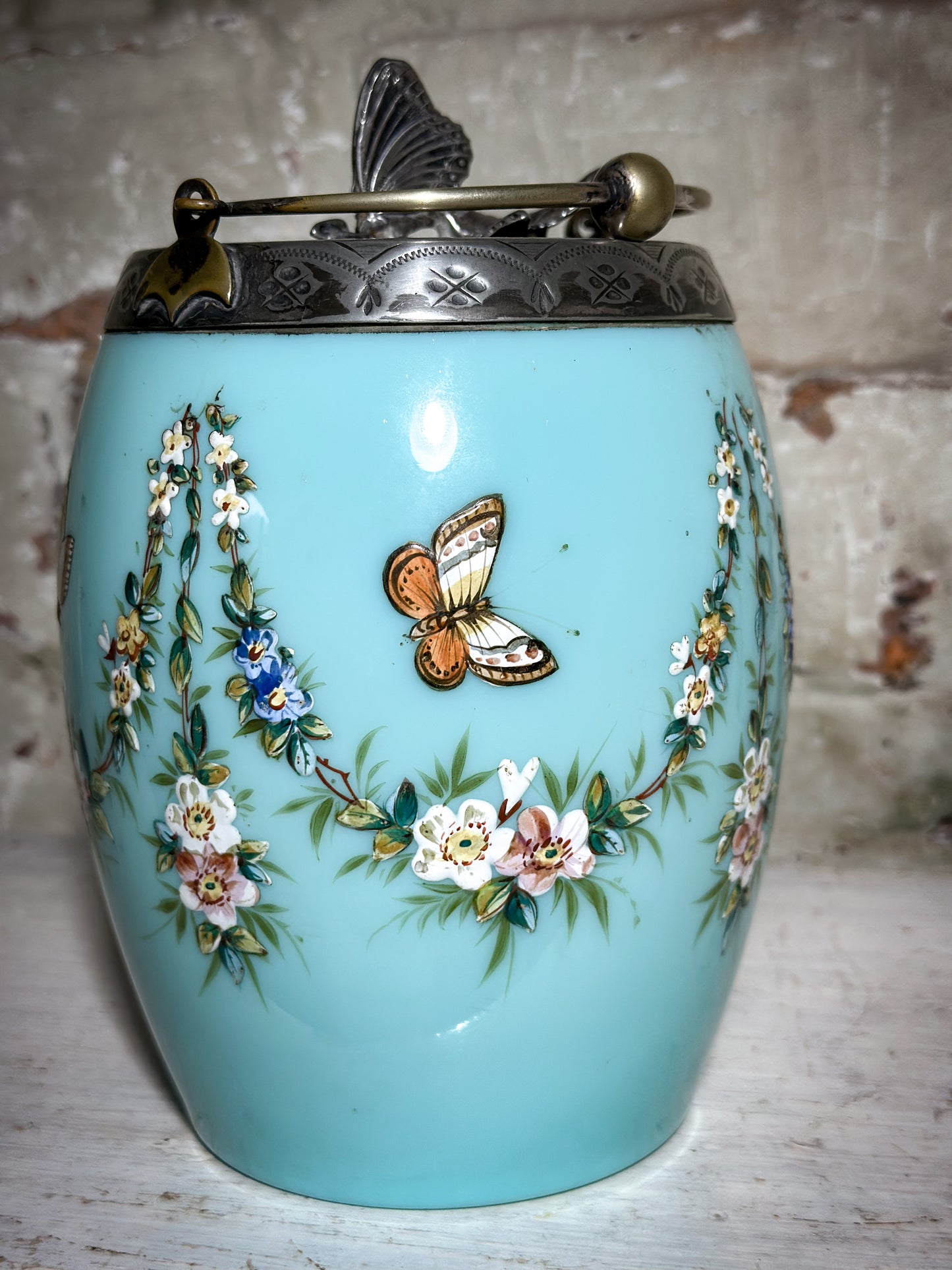 Antique lady’s Enamelled Milk Glass Boudoir Biscuit Barrel