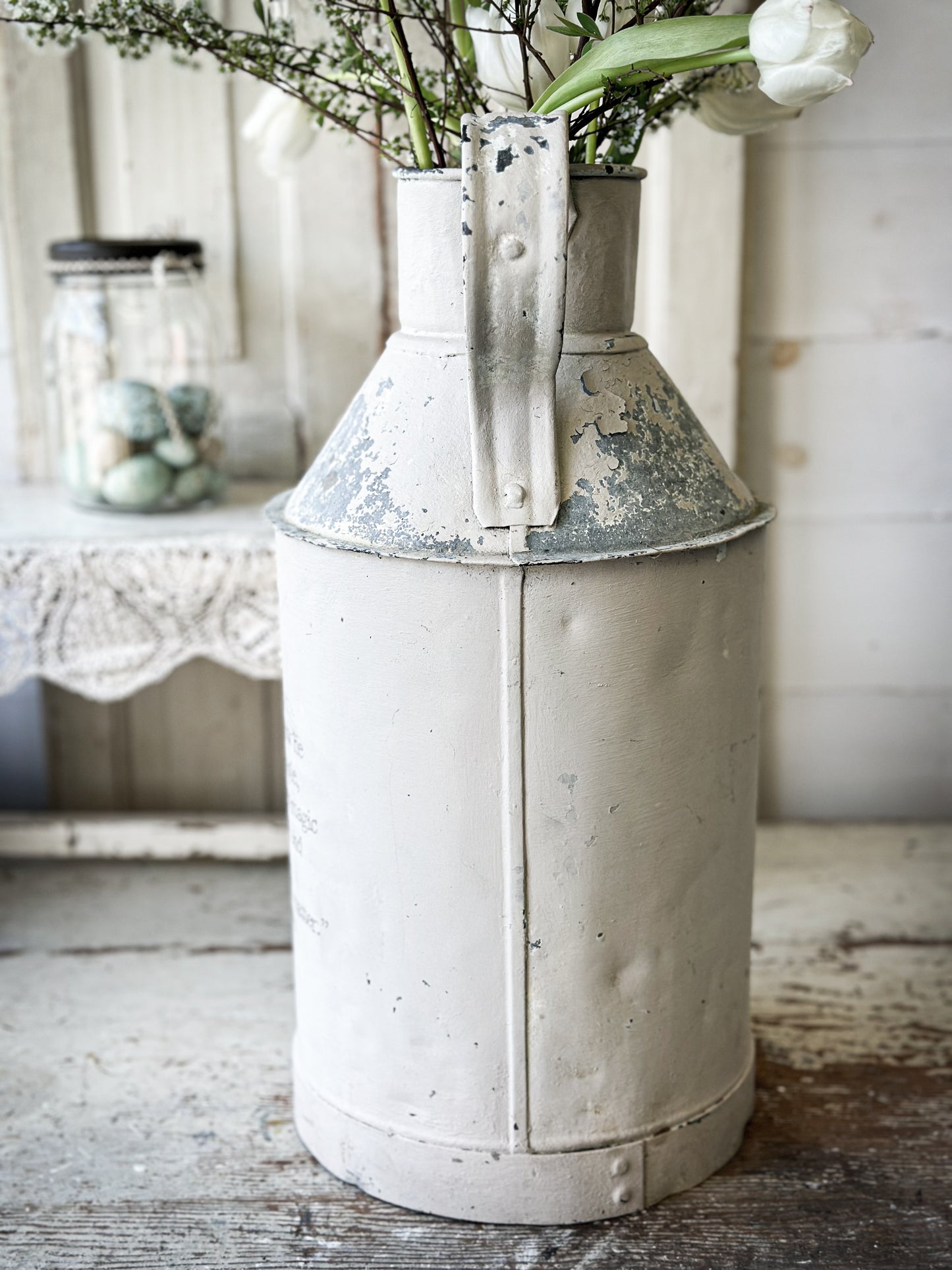 A lovely antique French tin milk churn