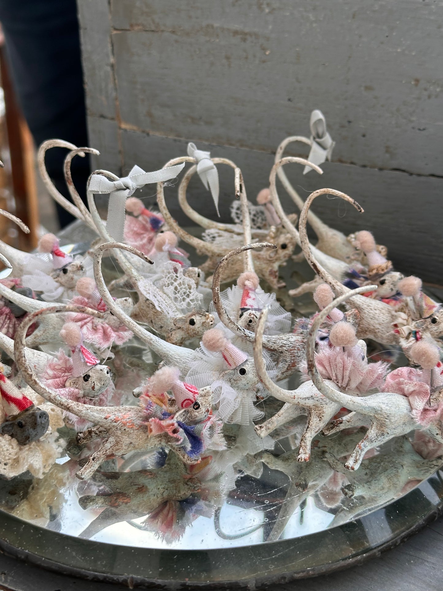 A cold painted brass “night before Christmas Party mouse” with a pretty fabric ruffle and Christmas hat