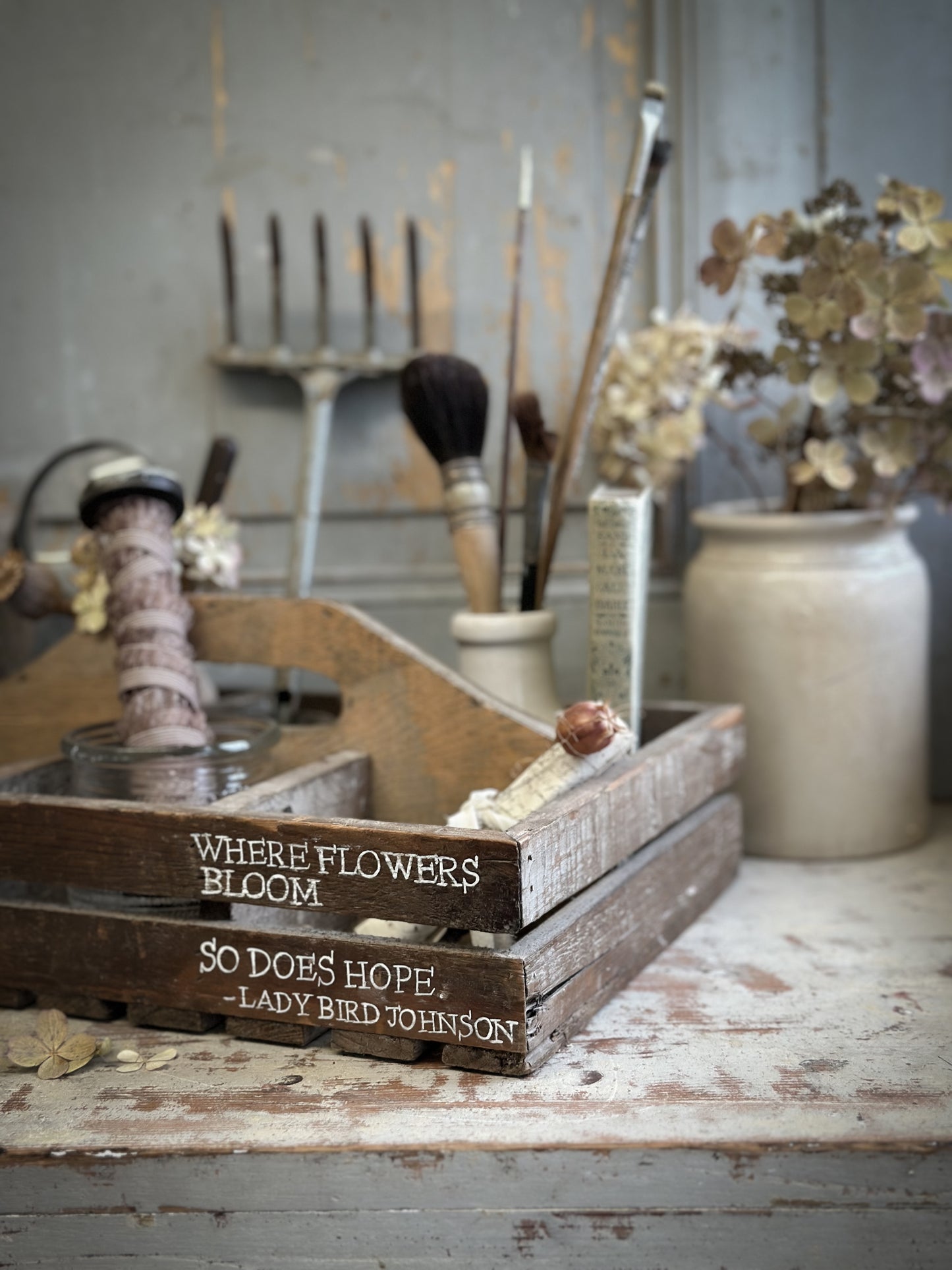 A Vintage Wooden Garden Trug With Hand Painted Quote