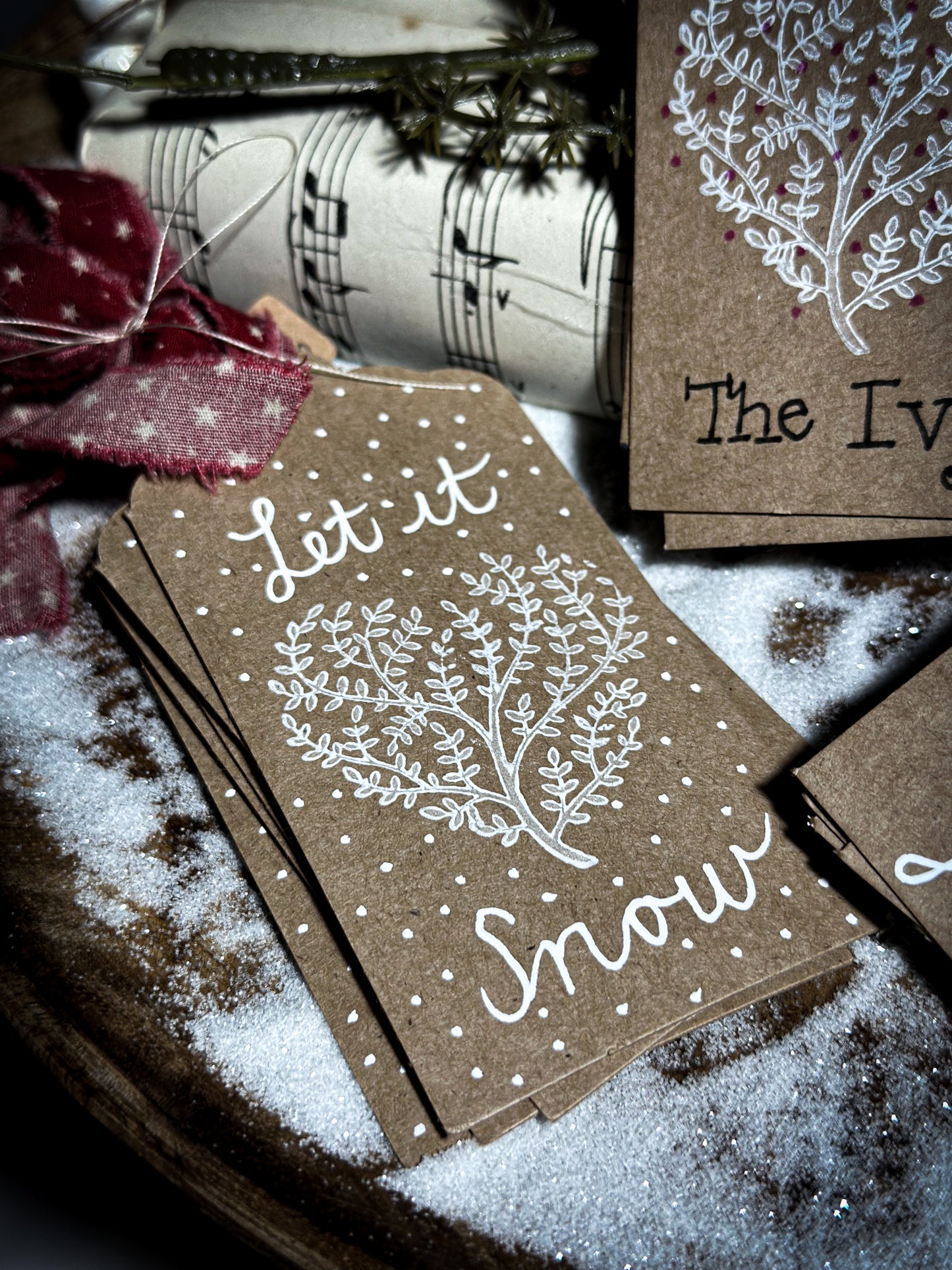 Pretty hand finished and illustrated gift tags with vintage French Fabric ties “Let it Snow”