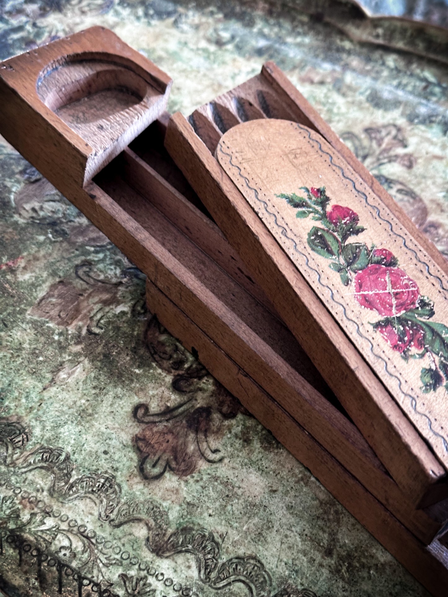 Vintage Wooden School Pencil Case with Roses