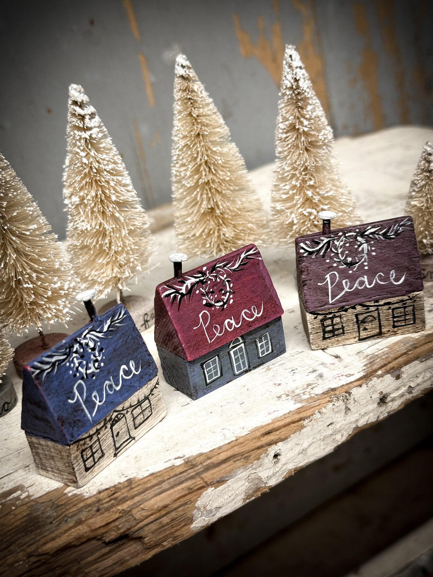 A small Vintage German Erzgebirge Putz Wooden Village House “Peace”