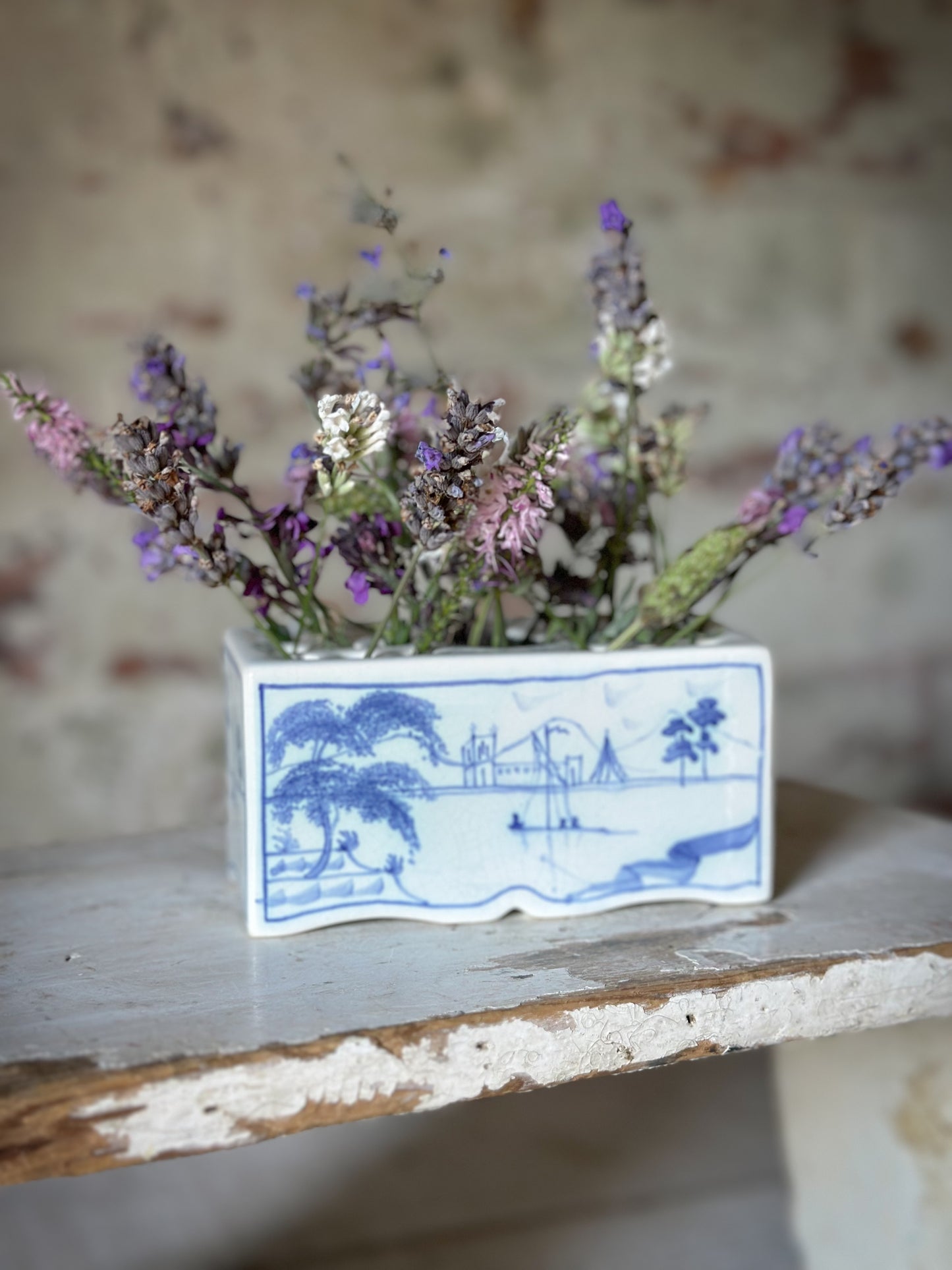 A beautiful Isis by Deborah seers Oxford, blue and white flower brick, tulipiere, flower frog, blue and white tin glaze vase