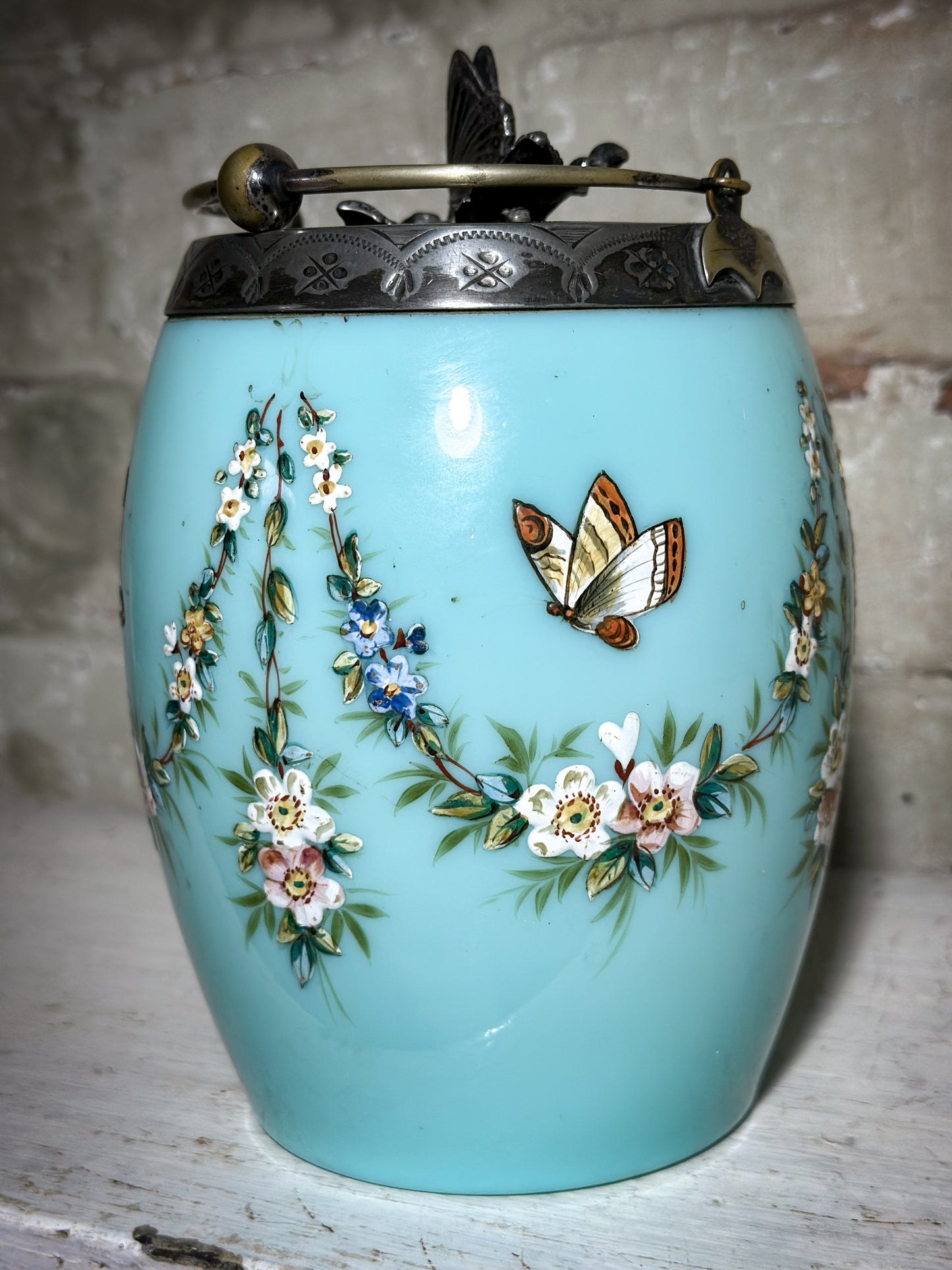 Antique lady’s Enamelled Milk Glass Boudoir Biscuit Barrel